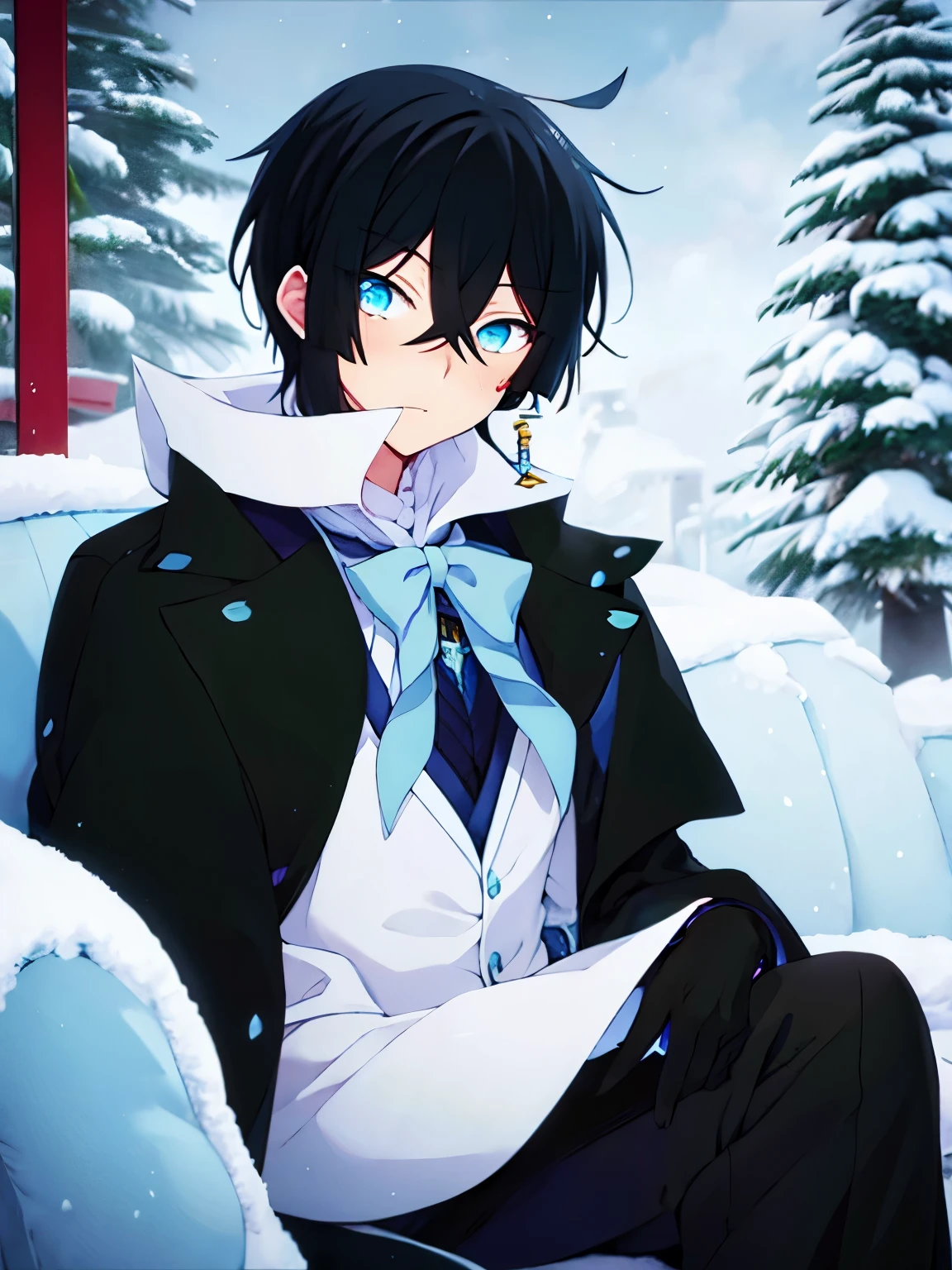 1boy,vanitas no carte,sit,At the north pole, a shocked expression,half body photo