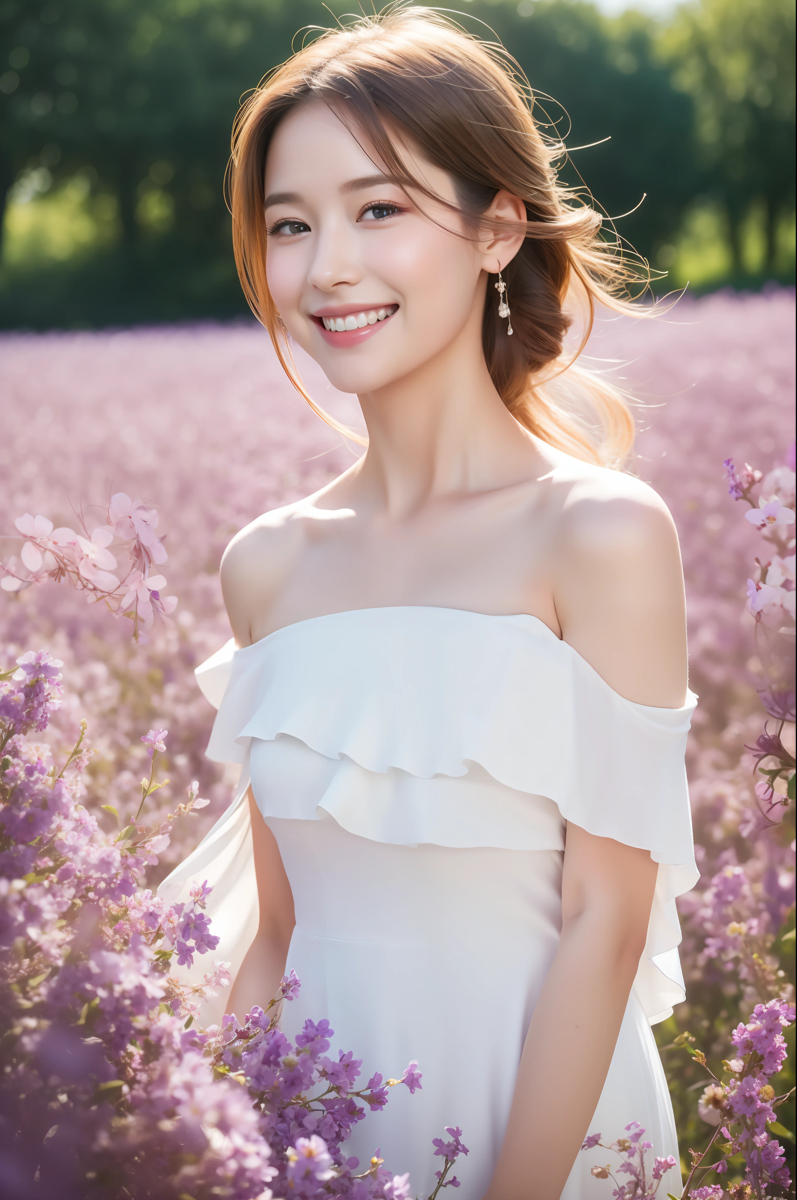 best quality, masterpiece, ultra high resolution, (lifelike:1.4), original photo, 1 girl, white dress, Off the shoulders, Flowering violet flower field, glowing skin, faint smile