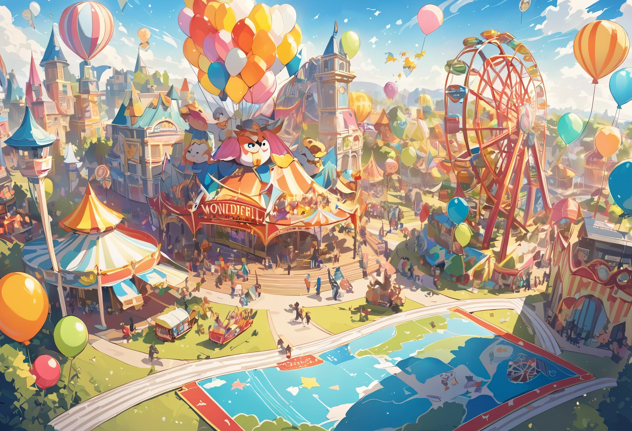 townscape,open map on desk,Amusement park map:paper,Guidance map,map,fun,Attractions pop out in three dimensions from a flat map,colorful,fun,rich colors,Ferris wheel,roller coaster,character in costume,balloon,Sparkling,star,flag,birdie,masterpiece,dream-like,be familiar with,fancy,fantasy,be polite,diorama,cute,wonderful