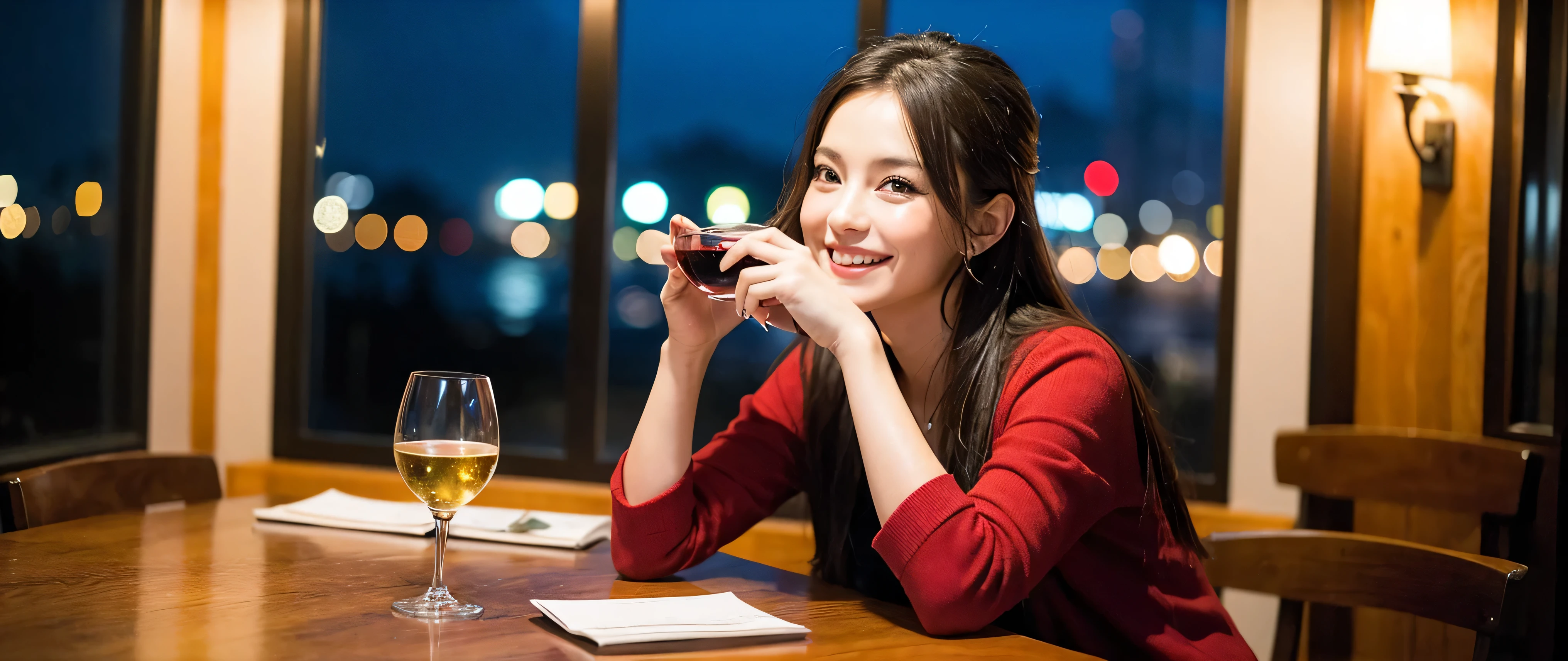 (including 64k, nffsw, highest quality, table top: 1.2), (realistic, realistic: 1.37), pretty woman 1, (slimフェイス), (slimボティ), (brown hair), (shortcut), Americana、French、cheeks turn a little red, (40 years old), 38 years, alone, 窓の外には美しく緻密なnight景が広がります......., restaurant, wine glassに座って, nightに, in a prominent place (from the waist up) nova frog style, actress, model, Upper body, White wine, slim, wine glass, とてもきれいなnight景, 真ん中に置かれたwine glass, smile, (smile: 1.15), Beautiful little eyes, Upper body, bust japan up, night, short, short, actress, model, Upper body, White wine, slim, wine glass, とてもきれいなnight景, 真ん中に置かれたwine glass, smile,