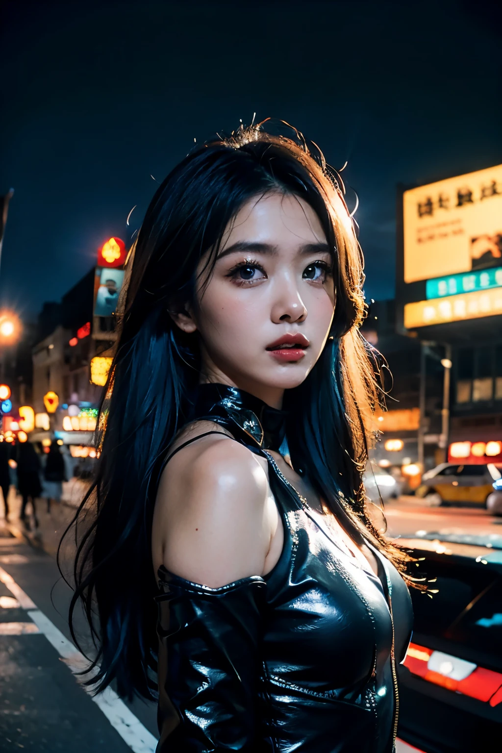 (masterpiece), best quality, ultra high resolution,little girl, Cyberpunk 1girl flies over stunning cityscapes ,hoodie,blue hair,  neon color流星, very long hair, take off shoulders, feather hair accessories, neon color, flashing, stunning night sky, Light, lifelike, lifelike的皮肤, high dynamic range,Fisheye