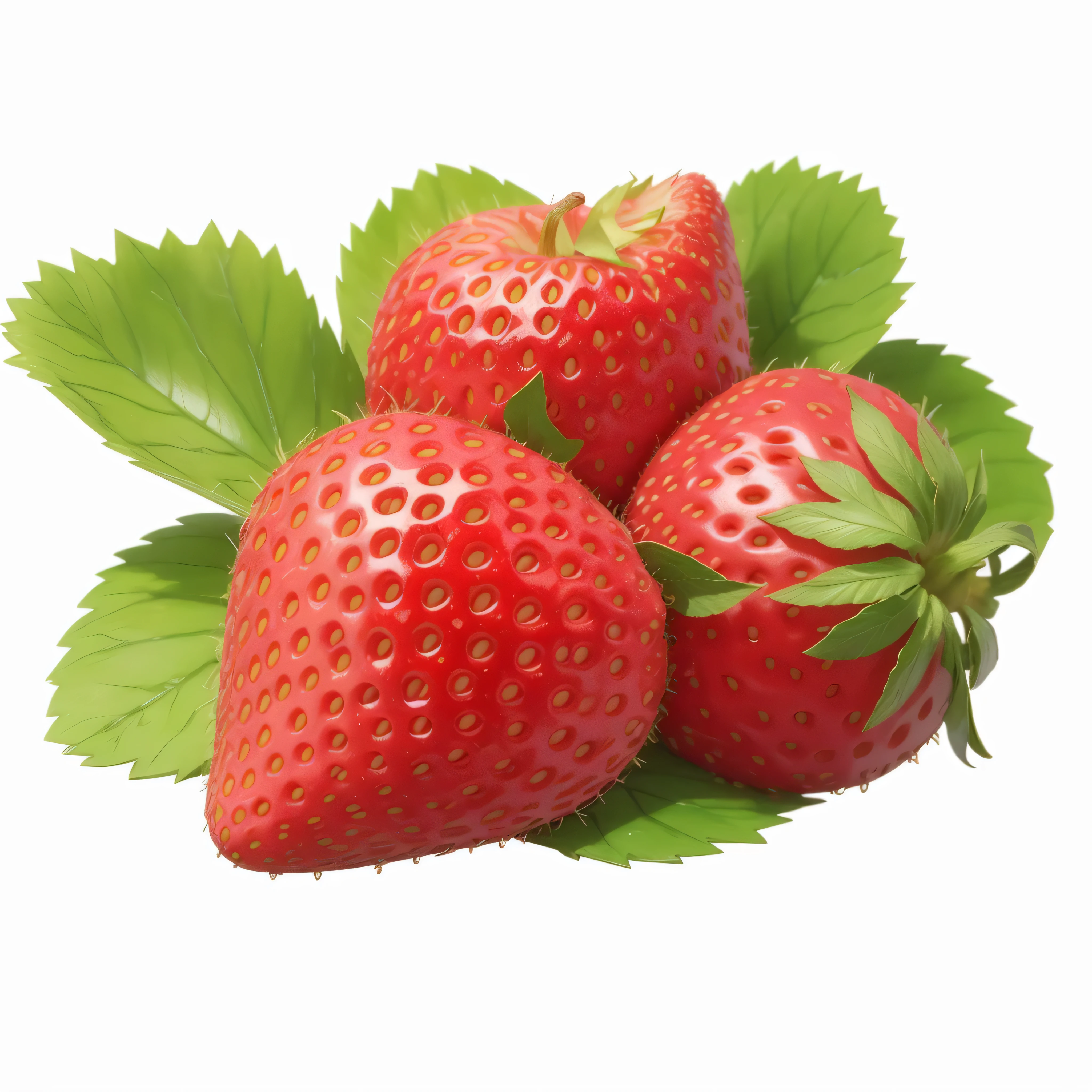 three strawberries with leaves on a white background, strawberry, strawberries, digital artwork, digital rendering, digital art h 9 6 0, strawberry embellishment, fight with strawberries, digital painting highly detailed, fruit, strawberry fields forever, airbrush digital oil painting, strawberry granules, “berries, stems, digitalt art, next to sliced strawberries, made with photoshop, 5 d