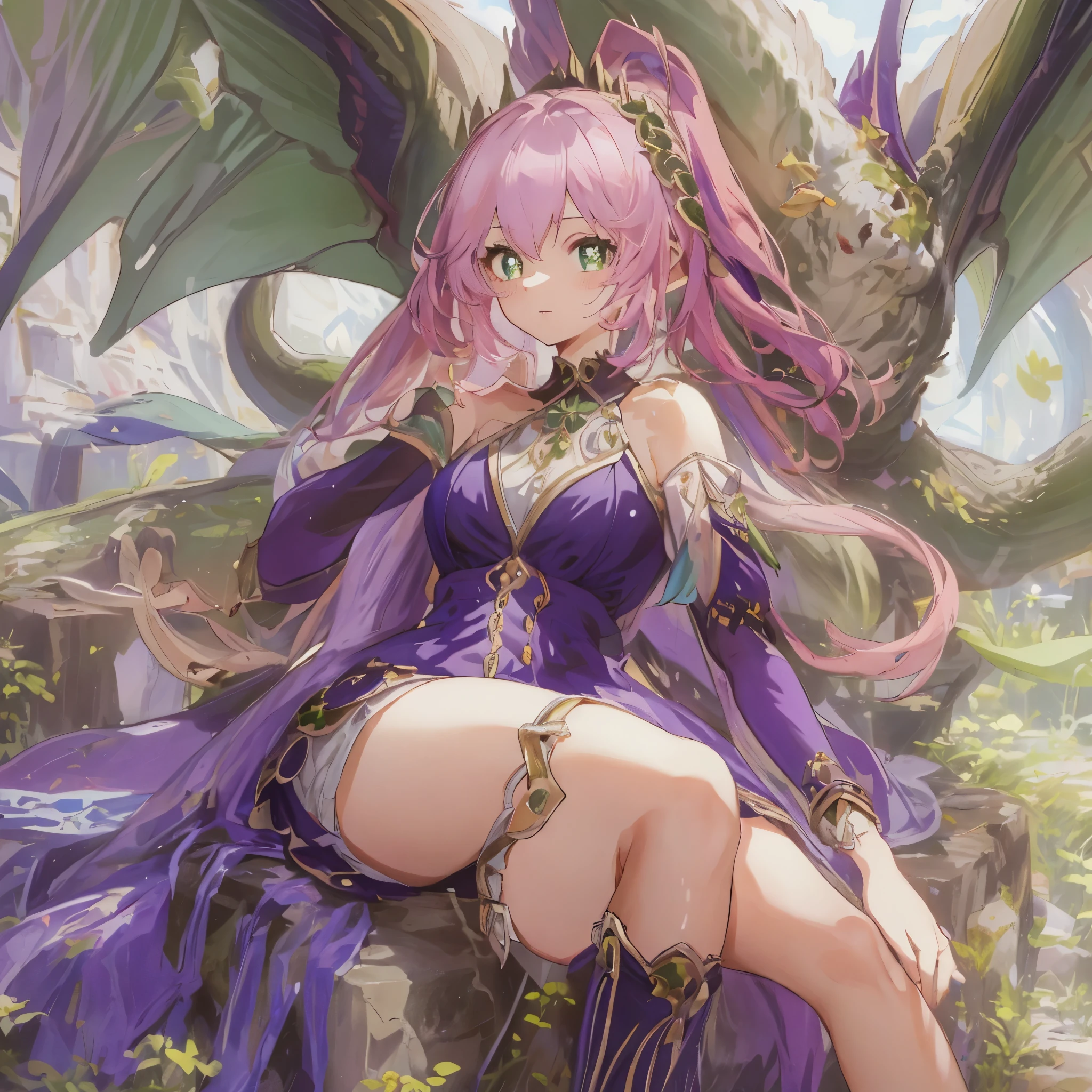 16k ultra-fine CG wallpaper, masterpiece, excellent picture quality, super delicate), (excellent light and shadow, delicate and beautiful), real smooth skin, bright face, cute, girl with colourful jewel-like eyes.Masterpiece, Accurate Anatomy, Cute, the anime, Images of a Salmon Pink-haired woman in a dress, sitting on a stone bench, Ruins, Black Purplish European Dragon with huge wings and four legs and two eyes in background, Elf Girl, Charming elven princess, pixie, cute anime waifu in a nice dress, huge breasts, 8k Graphics High-quality detailed graphic masterpiece)), cowboy shot, close up, Accurate Shading, Vivid Color, Top Quality, accuracy, ((((super details))))
