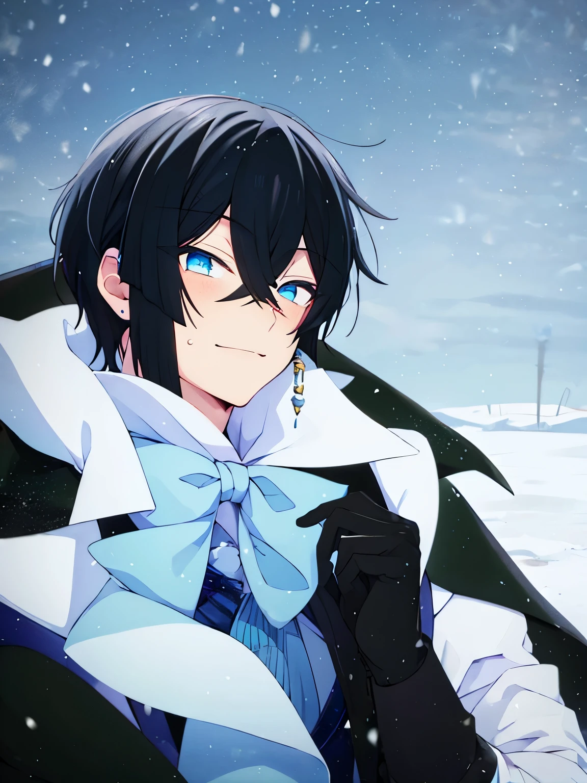 1boy,vanitas no carte,sit,At the north pole,snowing,slight smile,close up photo