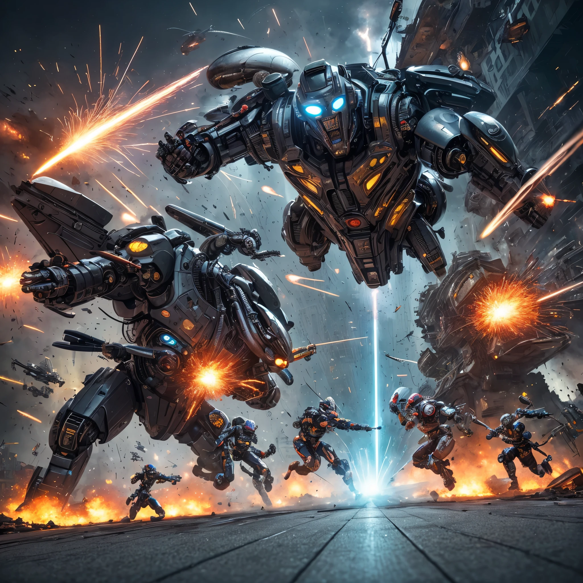 (best quality,4k,highres), (realistic:1.37), ultra-detailed, (professional), (vivid colors), (bokeh), vintage paper texture, Wu Guanzhong's art style, dynamic brush strokes, intense battle scene, intricate details, power-packed punches and kicks, towering buildings crumbling, vibrant explosions, energy bolts and beams, sparks and smoke, dramatic lighting, intense facial expressions, determined robot pilot, menacing alien beast, epic struggle of good vs evil, frenetic action, deep perspectives, attention to anatomy and proportions