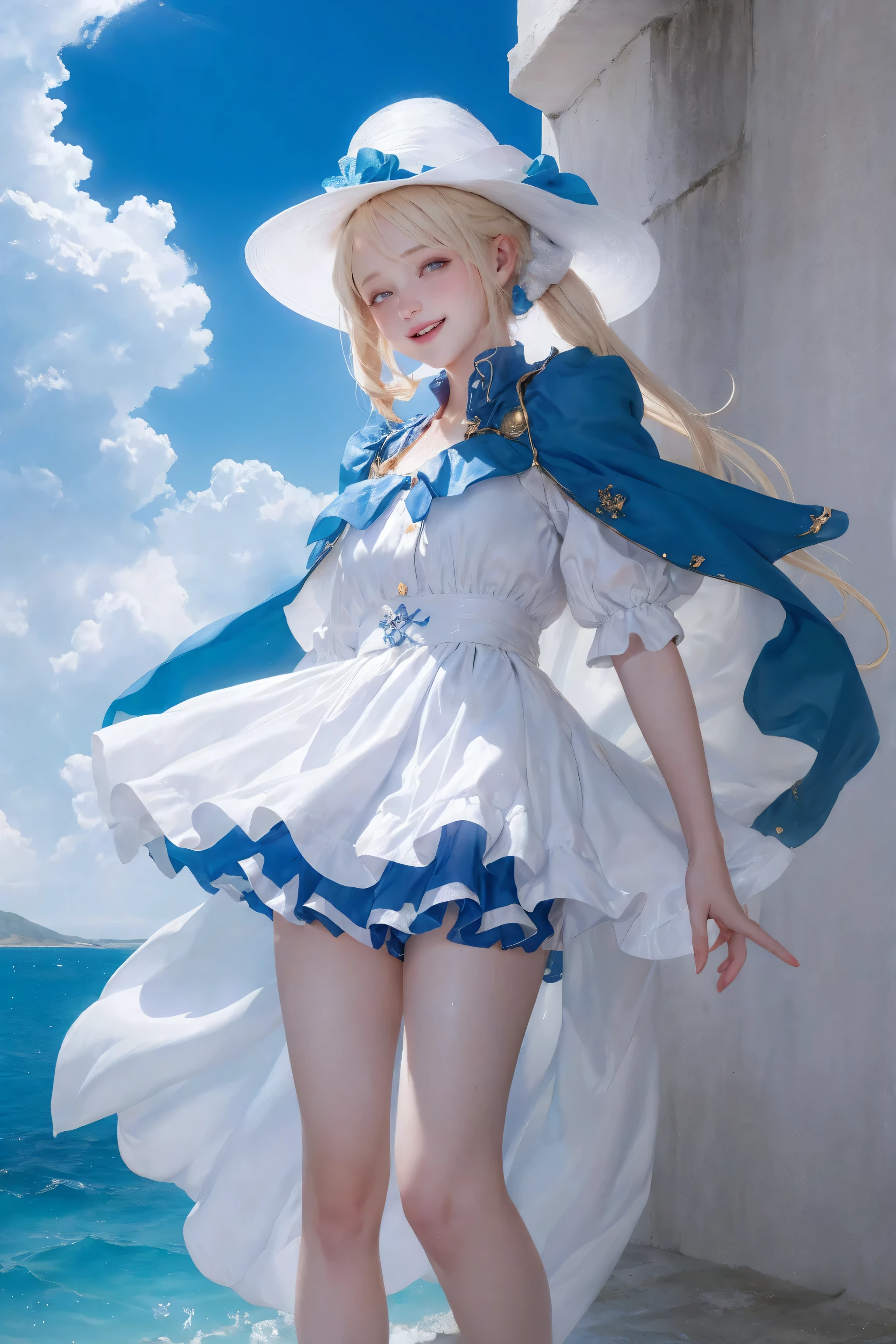 Cute little girl standing on the street of a mediterranean port town,wind,light blonde hair, blue eyes,Very long twin tails,white dress,white hat,blue sky,lol,Double teeth,eyes closed,looking at the audience,lens flare,dramatic, coastal