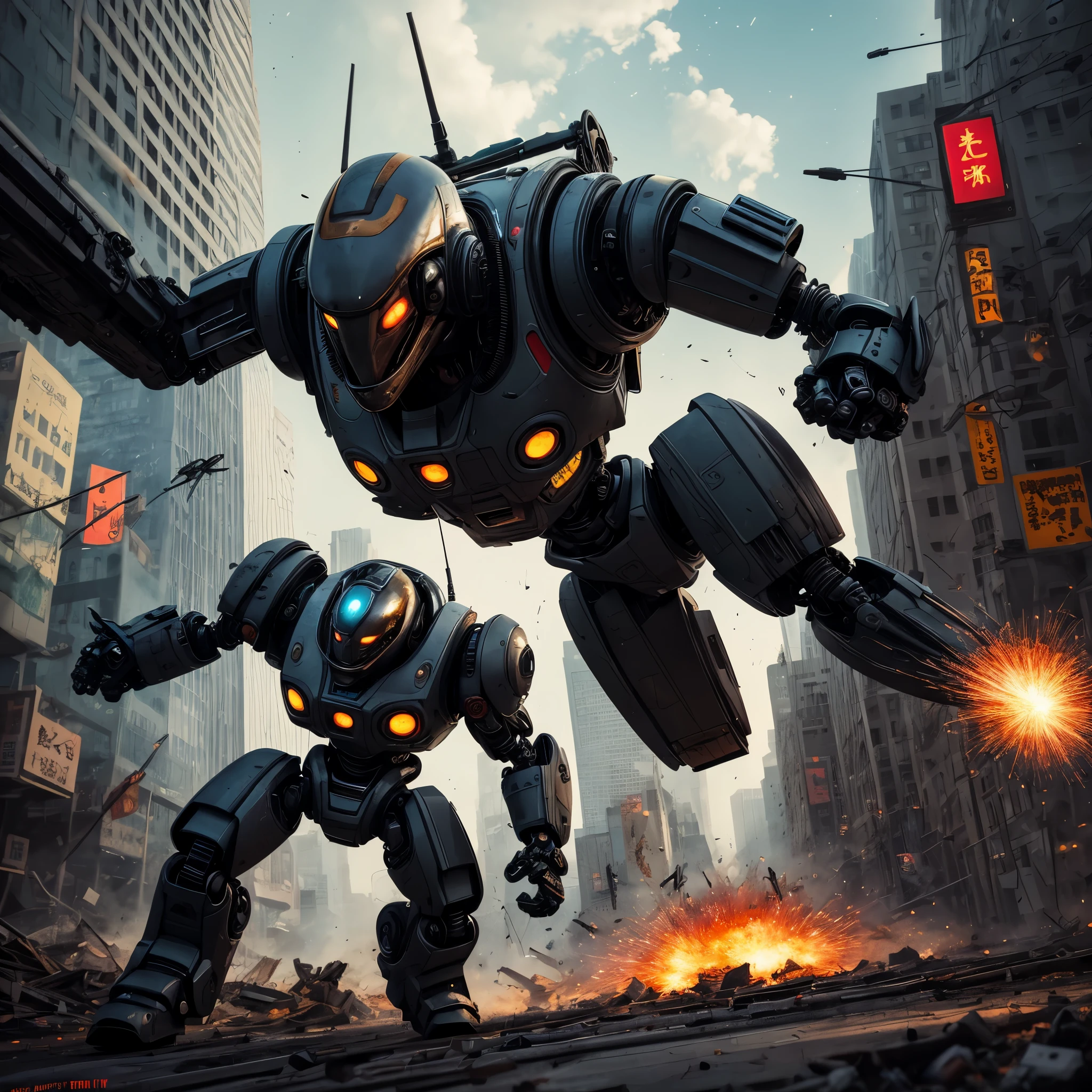 (best quality,4k,highres), (realistic:1.37), ultra-detailed, (professional), (vivid colors), (bokeh), vintage paper texture, Wu Guanzhong's art style, dynamic brush strokes, intense battle scene, intricate details, power-packed punches and kicks, towering buildings crumbling, vibrant explosions, energy bolts and beams, sparks and smoke, dramatic lighting, intense facial expressions, determined robot pilot, menacing alien beast, epic struggle of good vs evil, frenetic action, deep perspectives, attention to anatomy and proportions