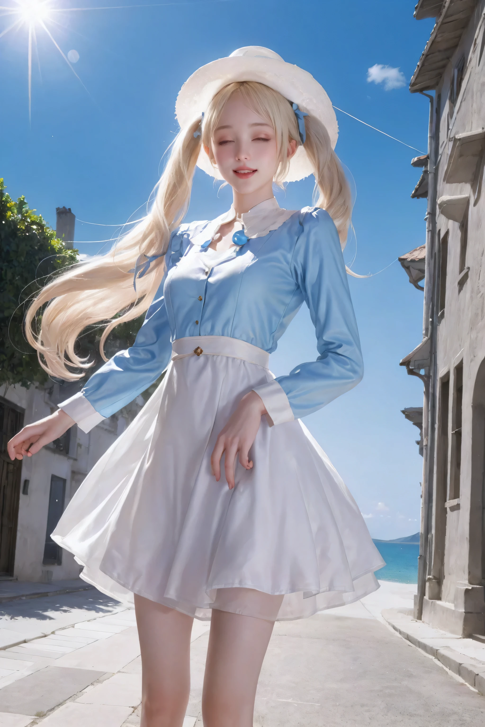 Cute girl standing on the street of a mediterranean port town,wind,light blonde hair, blue eyes,Very long twin tails,white dress,white hat,blue sky,lol,Double teeth,eyes closed,looking at the audience,lens flare,dramatic, coastal
