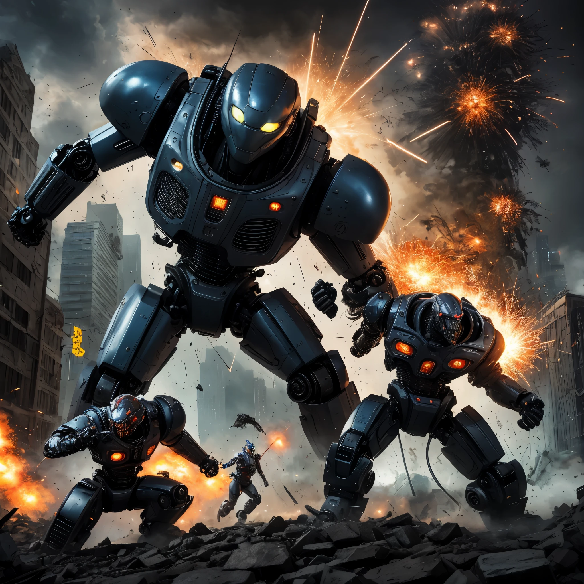 (best quality,4k,highres), (realistic:1.37), ultra-detailed, (professional), (vivid colors), (bokeh), vintage paper texture, Wu Guanzhong's art style, dynamic brush strokes, intense battle scene, intricate details, power-packed punches and kicks, towering buildings crumbling, vibrant explosions, energy bolts and beams, sparks and smoke, dramatic lighting, intense facial expressions, determined robot pilot, menacing alien beast, epic struggle of good vs evil, frenetic action, deep perspectives, attention to anatomy and proportions