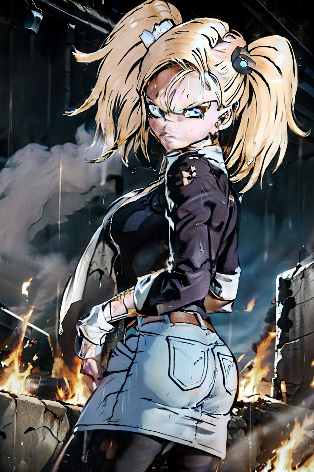 masterpiece, detailed face, 
android 18,  classic look, 1girl, solo, looking at viewer, short hair, blue eyes, blonde hair, collarbone, 
standing, arms by side, angry, cowboy shot, 
fire, smoke, ruined city, wet hair, rain, 
torn shirt, bare shoulders, hoop earrings, black shirt, striped sleeves, belt, denim skirt, black pantyhose,
 