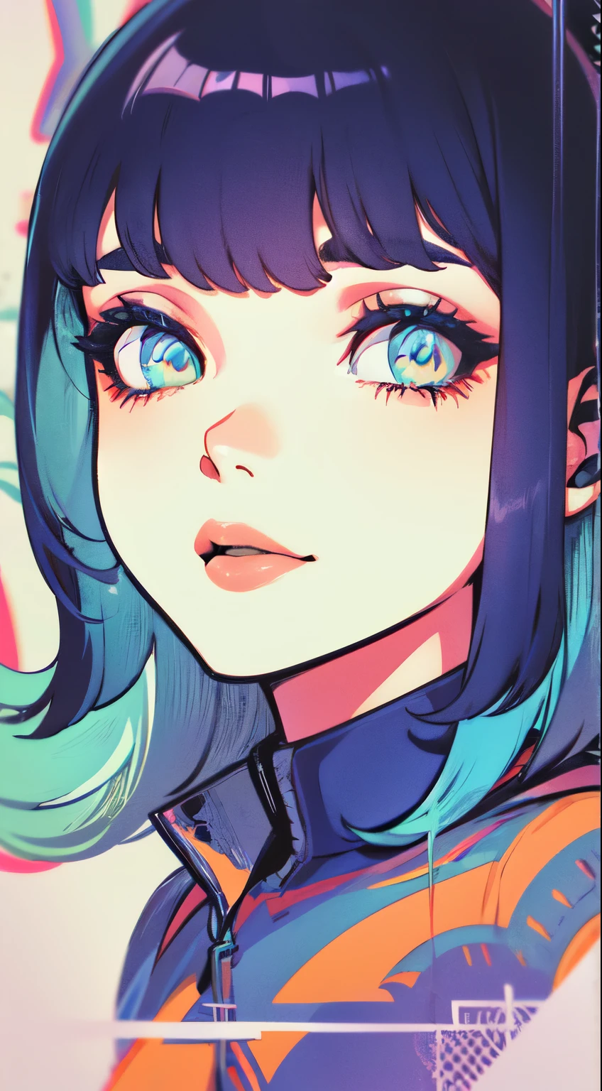 (obra de arte, melhor qualidade), Mulher bonita, Cabelo ondulado, asymmetrical bangs, lingerie de renda complexa, rosto perfeito, rosto bonito, atraente, grandes olhos lindos, Seios enormes, Sorriso suave, corpo slim fit perfeito, Quarto de luxo, cores brilhantes, (risografia)