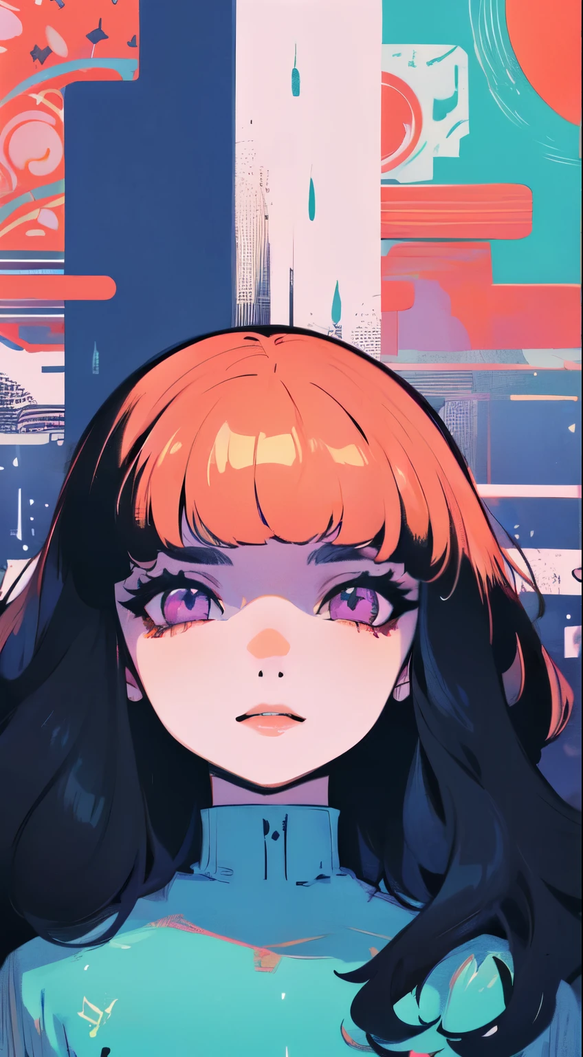 (obra de arte, melhor qualidade), Mulher bonita, Cabelo ondulado, asymmetrical bangs, lingerie de renda complexa, rosto perfeito, rosto bonito, atraente, grandes olhos lindos, Seios enormes, Sorriso suave, corpo slim fit perfeito, Quarto de luxo, cores brilhantes, (risografia)