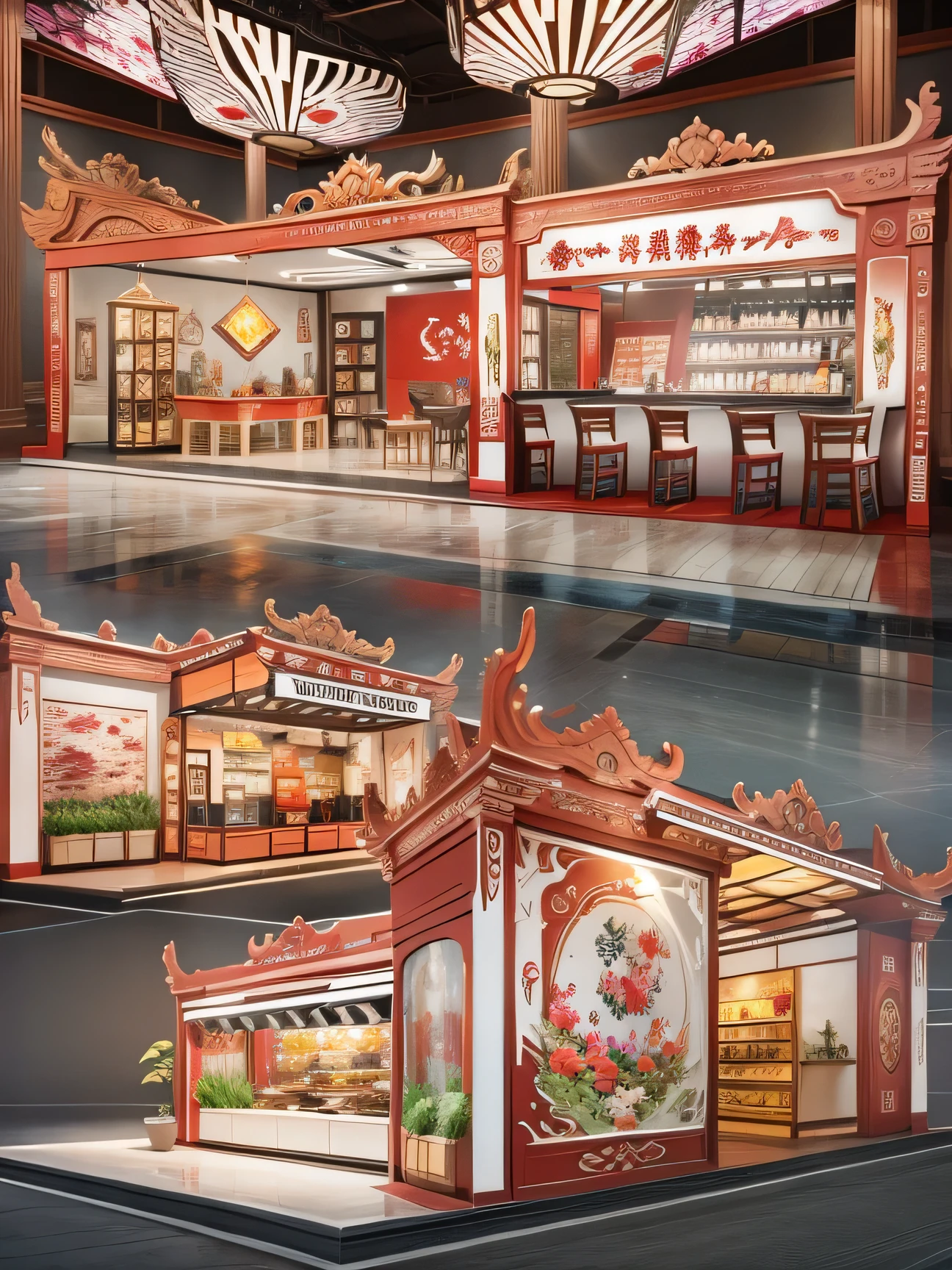 Food and Beverage Exhibition, Characteristics of the Year of the Dragon, Tang Dynasty Classical Style, Trends 2024, complete showroom, Renderings of the exhibition hall, rendering, precise booth rendering,actual， Product booth, full view, actual booth