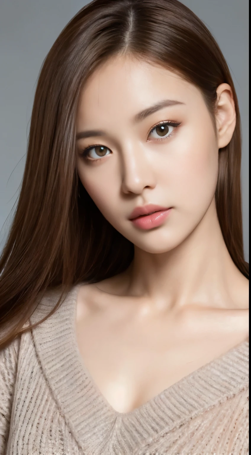 (highest quality, 4k, masterpiece :1.3), Beautiful woman, 1 girl, (Medium chest, attractive body :1.2), abs :1.1, light brown hair: 1.1, super detailed face, lip details, fine eyes, double eyelid、gray gradient sweater