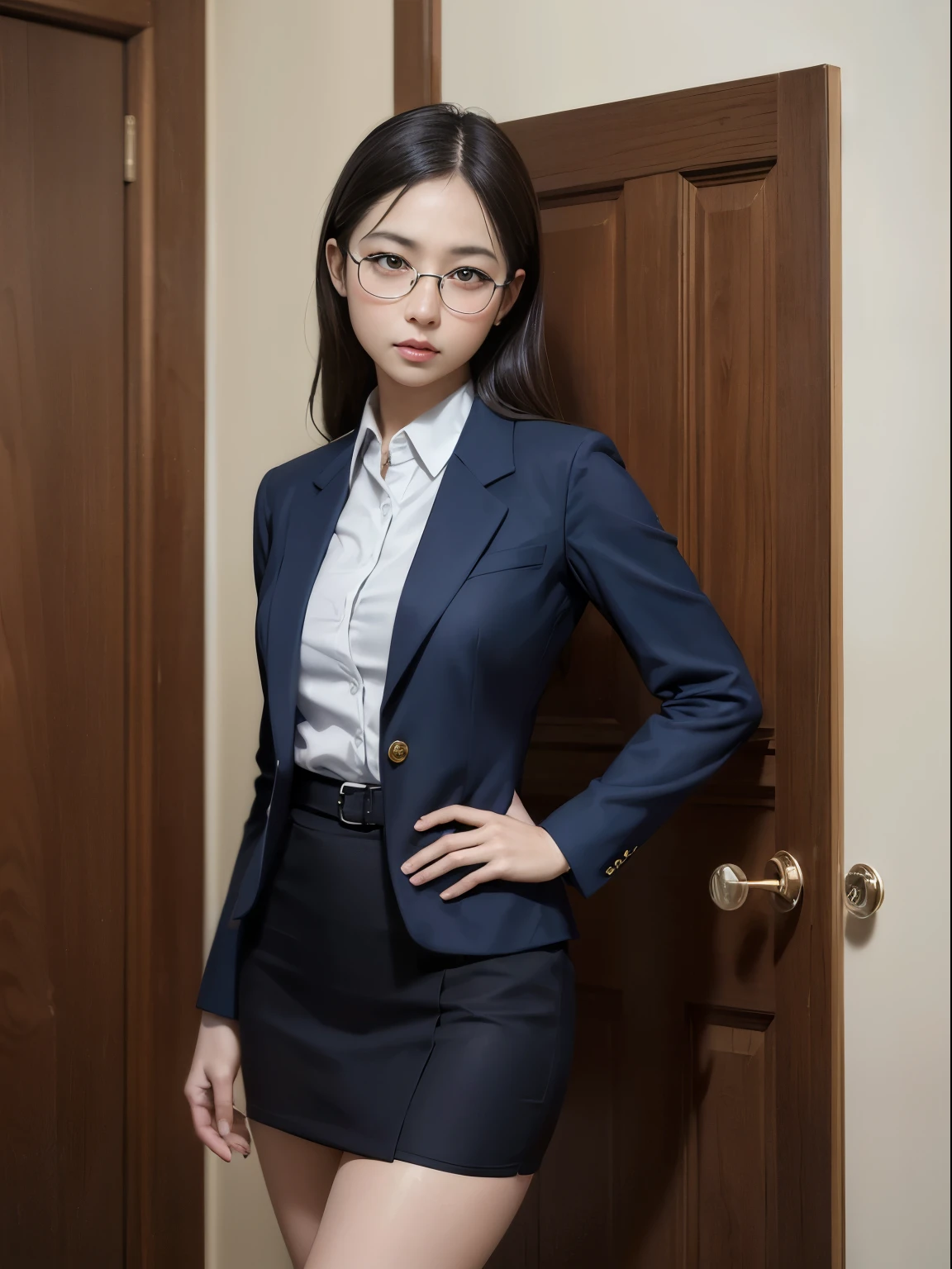 alone、solo、OL in her 20s in office uniform posing for a photo、victory、Tsundere、Single knot、OL、suit、blue mini skirt、anger、small、Glasses、slim girl model photo、physical:the smallest middle-aged man in history、female model、Japanese female fashion model、(8k、RAW photo、highest quality、masterpiece:1.2)、(real、photorealistic:1.37)、Super detailed、Ultra high definition、office Street、 standing position、whole body、((((SEXY)))