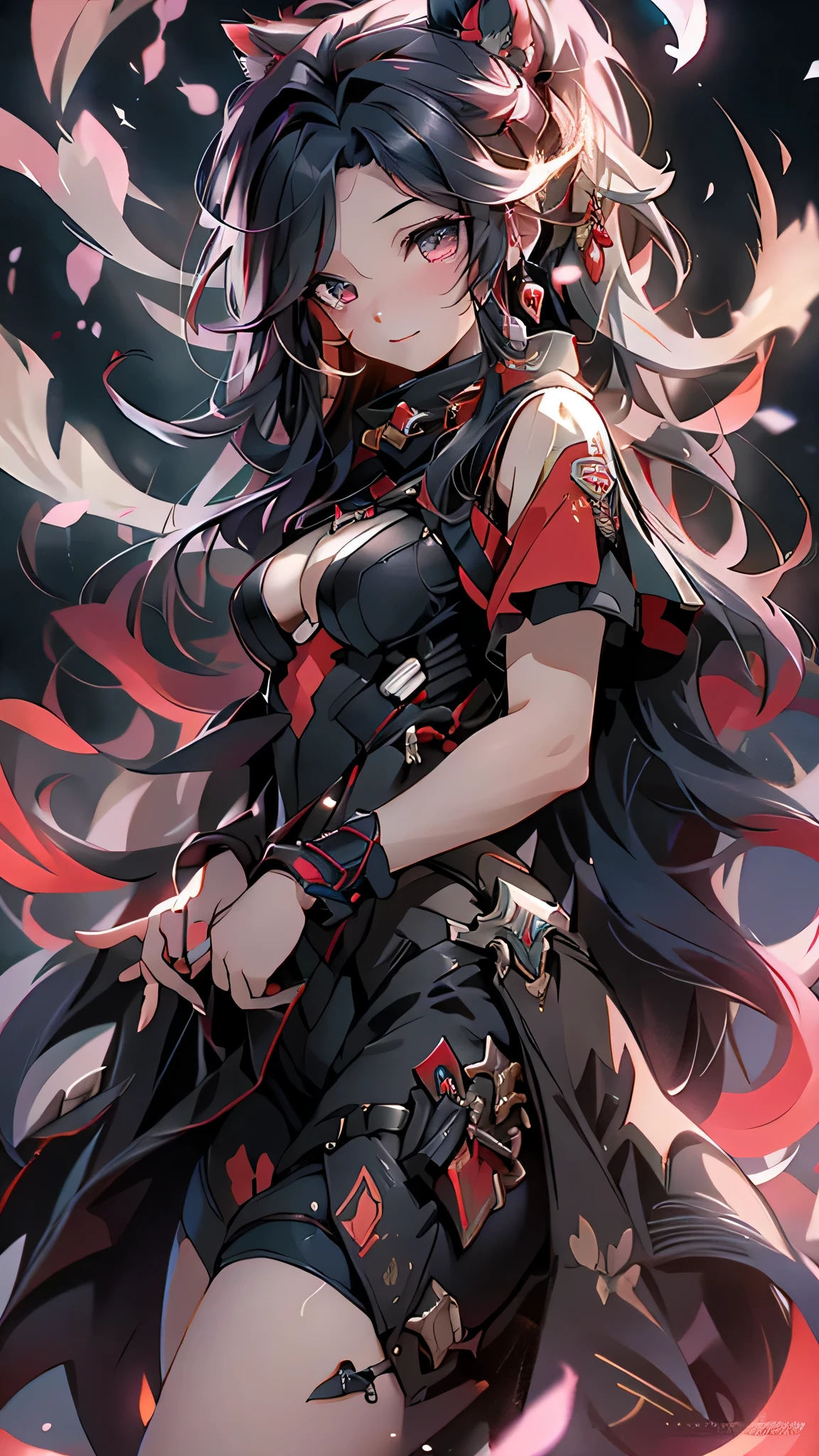 最high quality、best image quality、masterpiece、girl((20-year-old、 By becoming、vest bust、medium bust,wide open breast tea、shining eyes, neon hair、long hair、thin,highest valley、Black Hero Suit、Red Hero Mask、blue cloak、smile、full body tattoo,diamond earrings、Wristband、necklace,dual sword style)),high quality、beautiful art、background((night、red thunder、storm、gust of wind、tornado))、Flight、debris flies、Depth of written boundary、movie、visual art、perfect art、8k,genuine、
