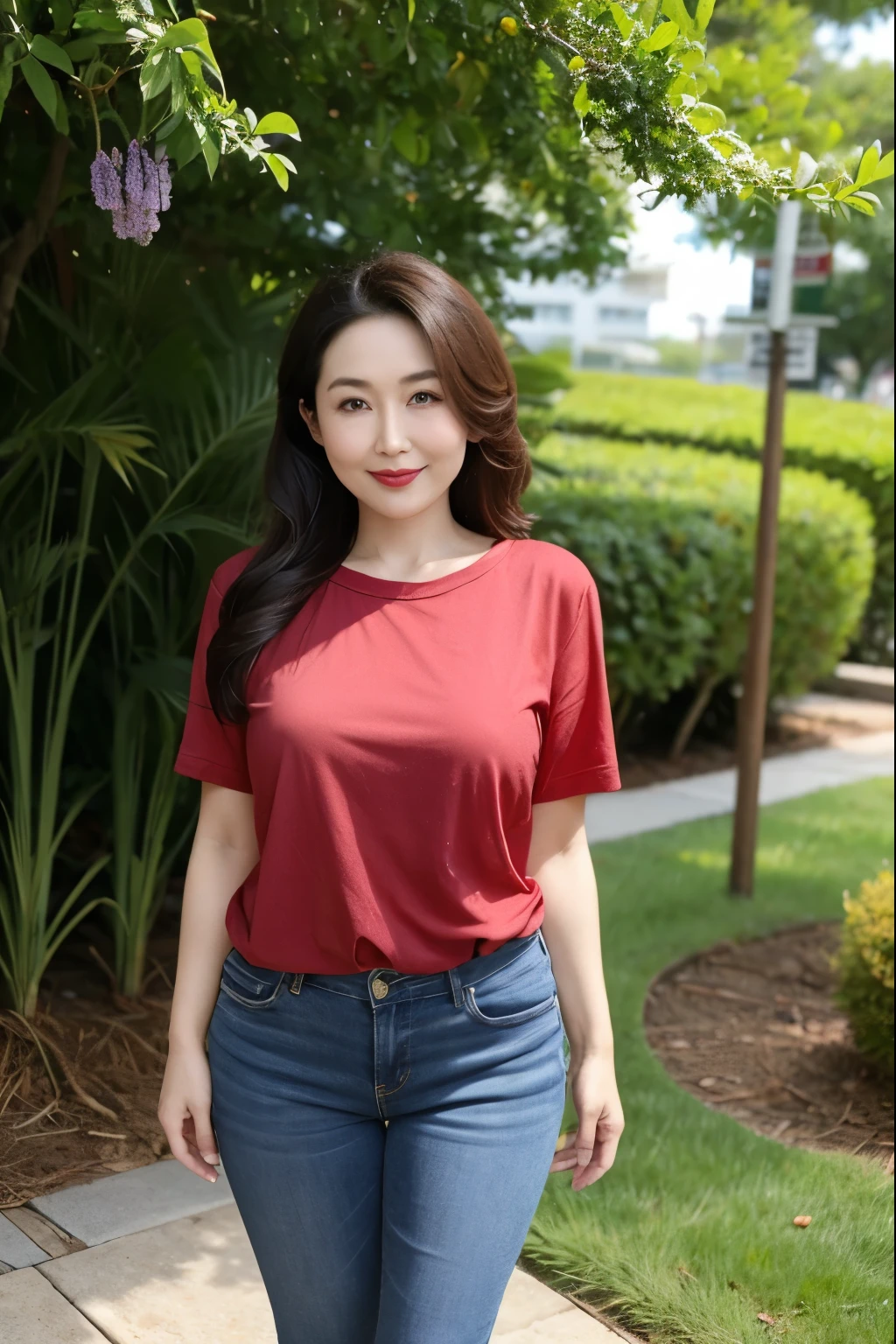 Draw lips correctly, red lipstick, from chest up, best quality, Super detailed, lifelike, Super fine skin, perfect anatomy, (1 日本Mature的女人), (alone)，Wear a red crew neck shirt，short sleeves，blue jeans，wavy long hair，37-year-old female，Mature，charming smile，outdoor background，stand，Leg length，Chubby body，big breasts，Big breasts，stand up，full-body shot