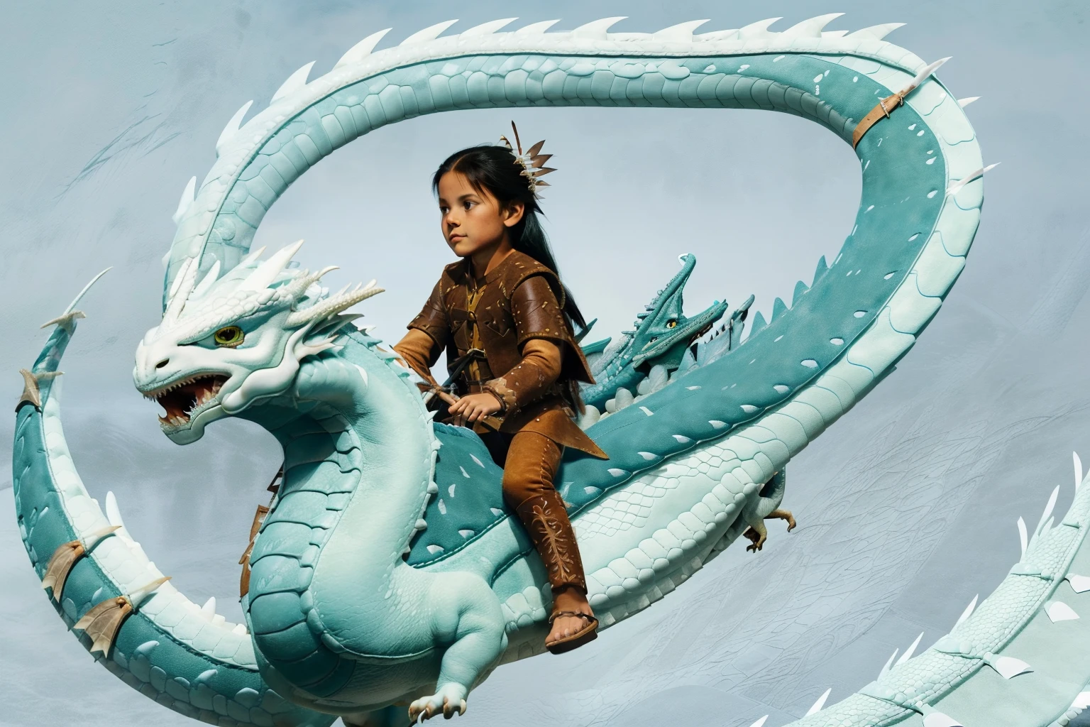 Fairytale Kingdom of Fantasia. ((((10-year-old)) Atreyu)), olive green skin, athletic, brave, wise, riding the dragon. ((((suede and leather indigenous clothings)))), ((blueish-black hairstyle)). Flying fast in the sky, on top of a (((((white dragon))))).