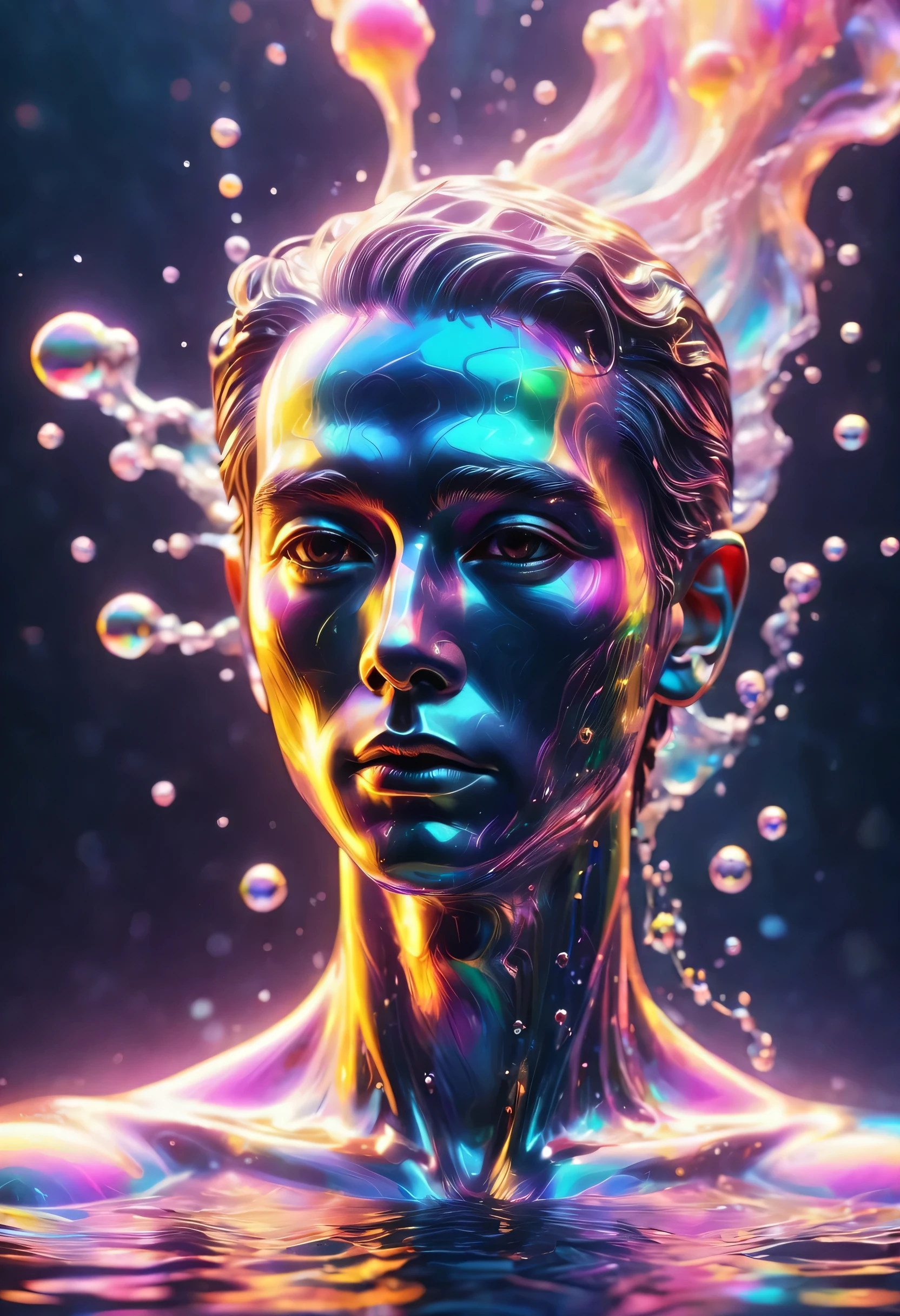 Portrait of colorful metal man emerging from water，neon gradient，vaporwave，（Laser colorful light waves），Metal refraction，many liquid bubbles、Colorful gradient geometric art and other elements，The collision of future elements and retro elements、recombination。Exaggerated artistic expression，concept art, vaporwave美学/vaporwave aesthetics/vaporwave aesthetic