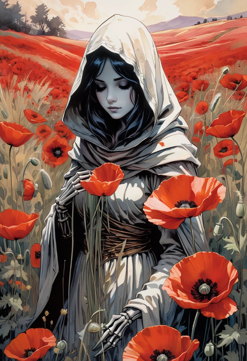 Beautiful ink drawing, top view. This image is a beautiful and evocative artistic depiction of a figure, a skeletal figure wearing a cloth-draped hooded cloak, amid a field of vibrant red poppies and other foliage. The central figure appears ethereal, almost ghostly, and the poppies shimmer in vibrant red hues against the muted tones of the background landscape. This piece seems to convey a sense of solemn remembrance or reflection amidst the resilient beauty of nature. it is a breathtaking surreal masterpiece. inspiration Art by Jim Mahfood, Henry Asencio, by Greg Rutkowski, Craig Davison, Jenny Saville, Bernie Wrightson, Frank Frazetta,. manga+ style. Studio Ghibli Genshin Impact