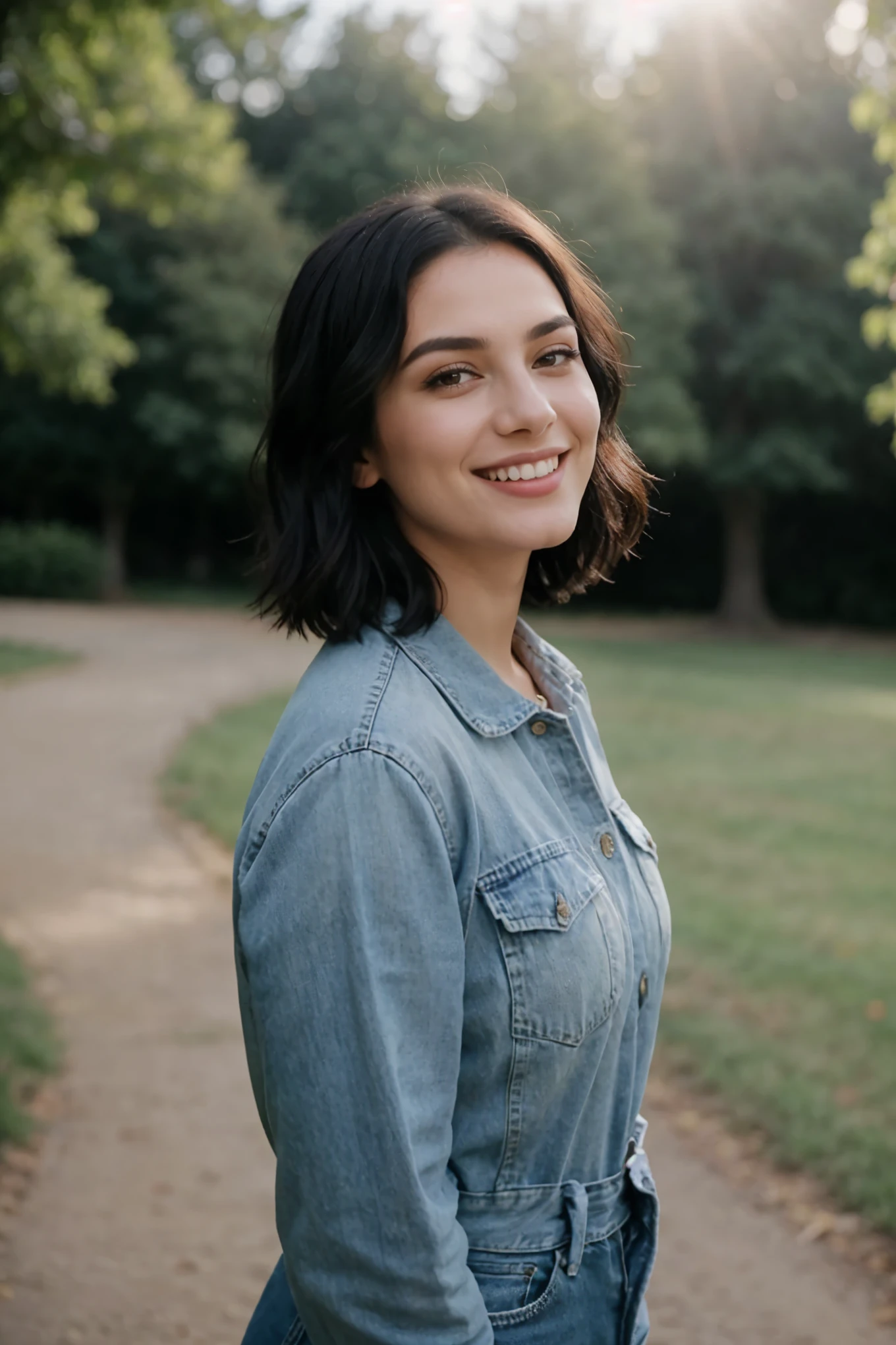 In the heart of a serene valley, a stunning 25-year-old girl with black short hair stands with a graceful pose. Radiating beauty and joy, she smiles, her captivating eyes twinkling with warmth. Dressed in a denim outfit, her style exudes effortless elegance. Her sweet makeup complements her natural features, and her black hair frames her face perfectly.

Captured through a 35mm lens, the scene comes alive with beautiful lighting. The sun casts soft focus over the girl, illuminating her features and creating a photorealistic masterpiece. The Kodak Portra 800 film adds depth and authenticity to the image