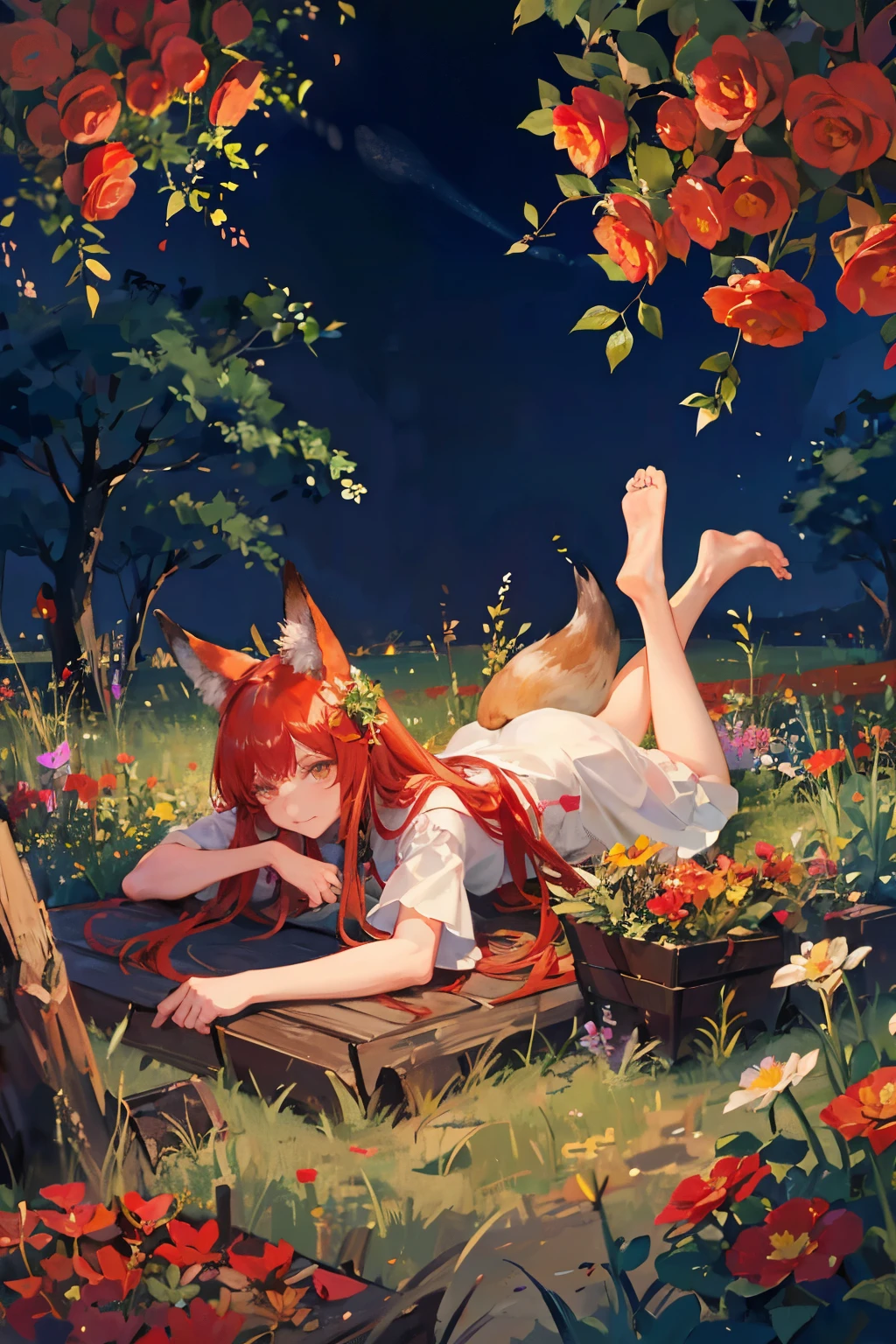 long red hair，fox ears，golden eyes，fox ears，Have bangs，Lying in the flower field，colorful flowers，garden