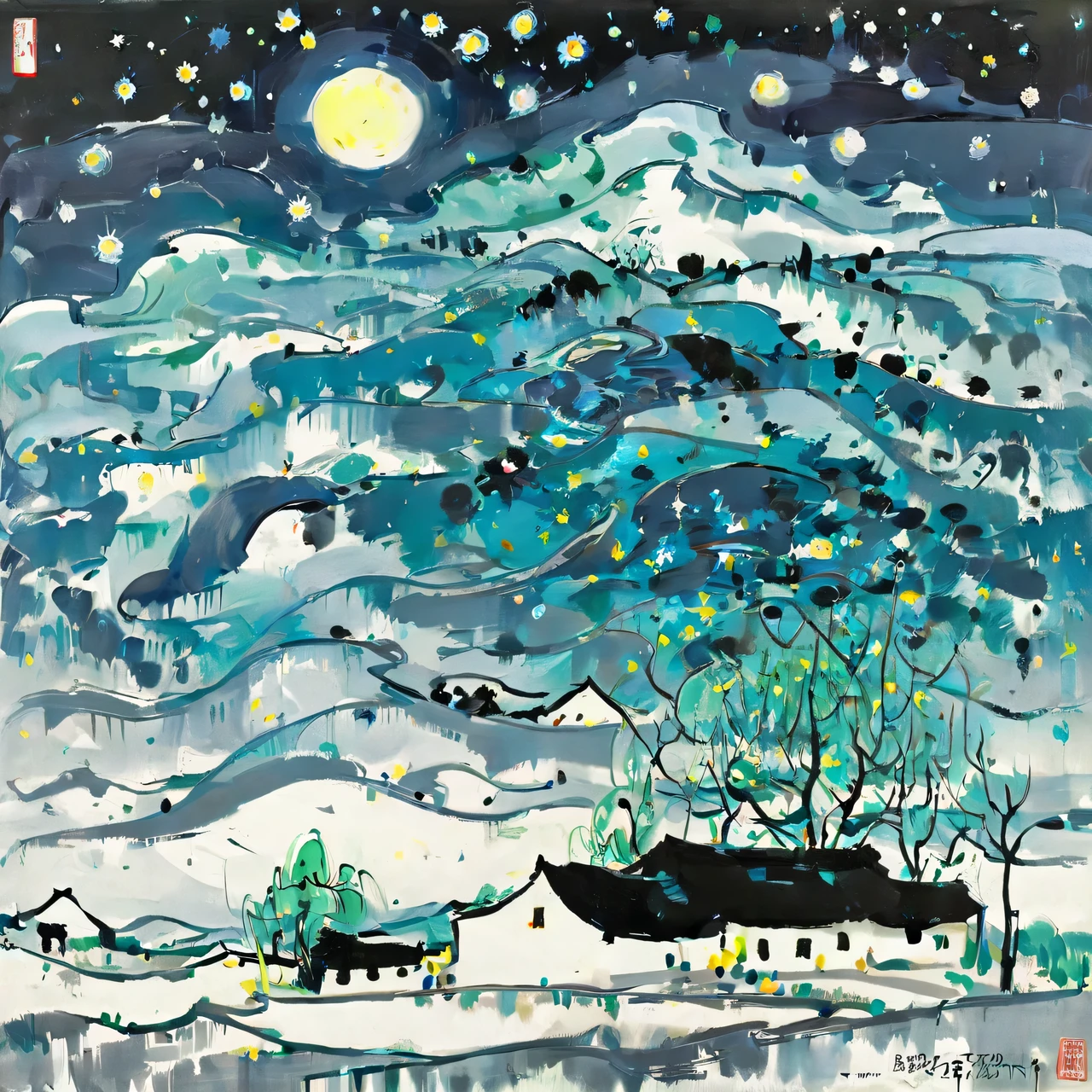 Paint Van Gogh&#39;s &quot;Starry Night&quot;., if Wu Guanzhong wrote this, full compliance with the style of Wu Guanzhong