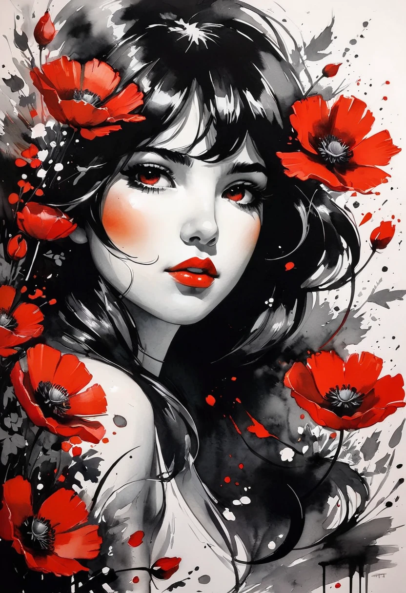 Beautiful ink drawing, top view. Beautiful Ink Painting, Top View, Painting of Woman Surrounded by Red Flowers, Trending on Artstration, Poppy, Canvas Painting, Hidden Art, Moody, Trending on Art Station, Haunting Beautiful Brush Strokes, Anemones, Living Painting is a breathtaking surreal masterpiece. it is a breathtaking surreal masterpiece. inspiration Art by Jim Mahfood, Henry Asensio, Greg Rutkowski, Craig Davison, Jenny Saville, Bernie Wrightson, Frank Frazetta. manga+ style. Studio Ghibli Genshin Impact