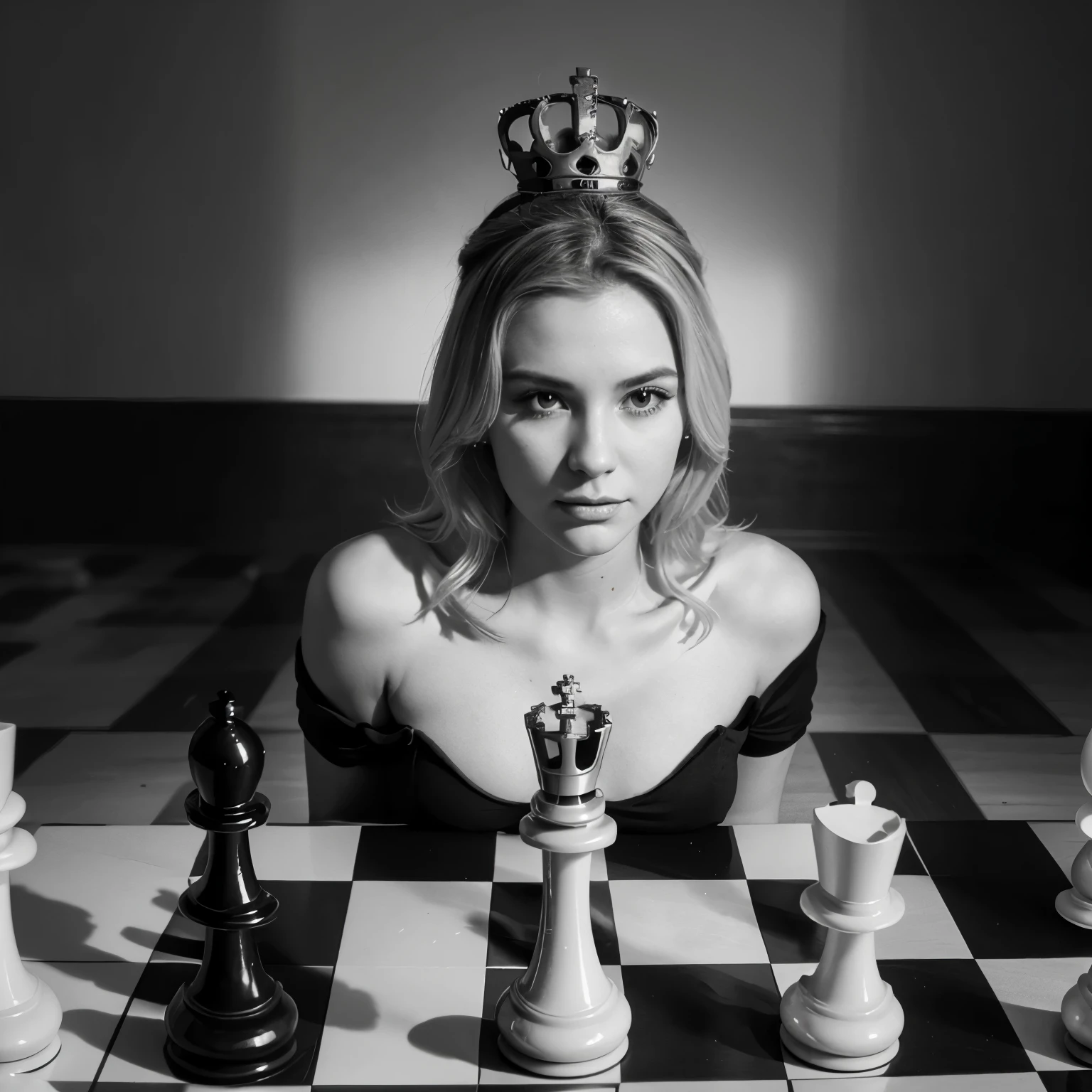 create an image of a chess queen piece in fine lines black and white hatch style with XII in Roman numerals underneath