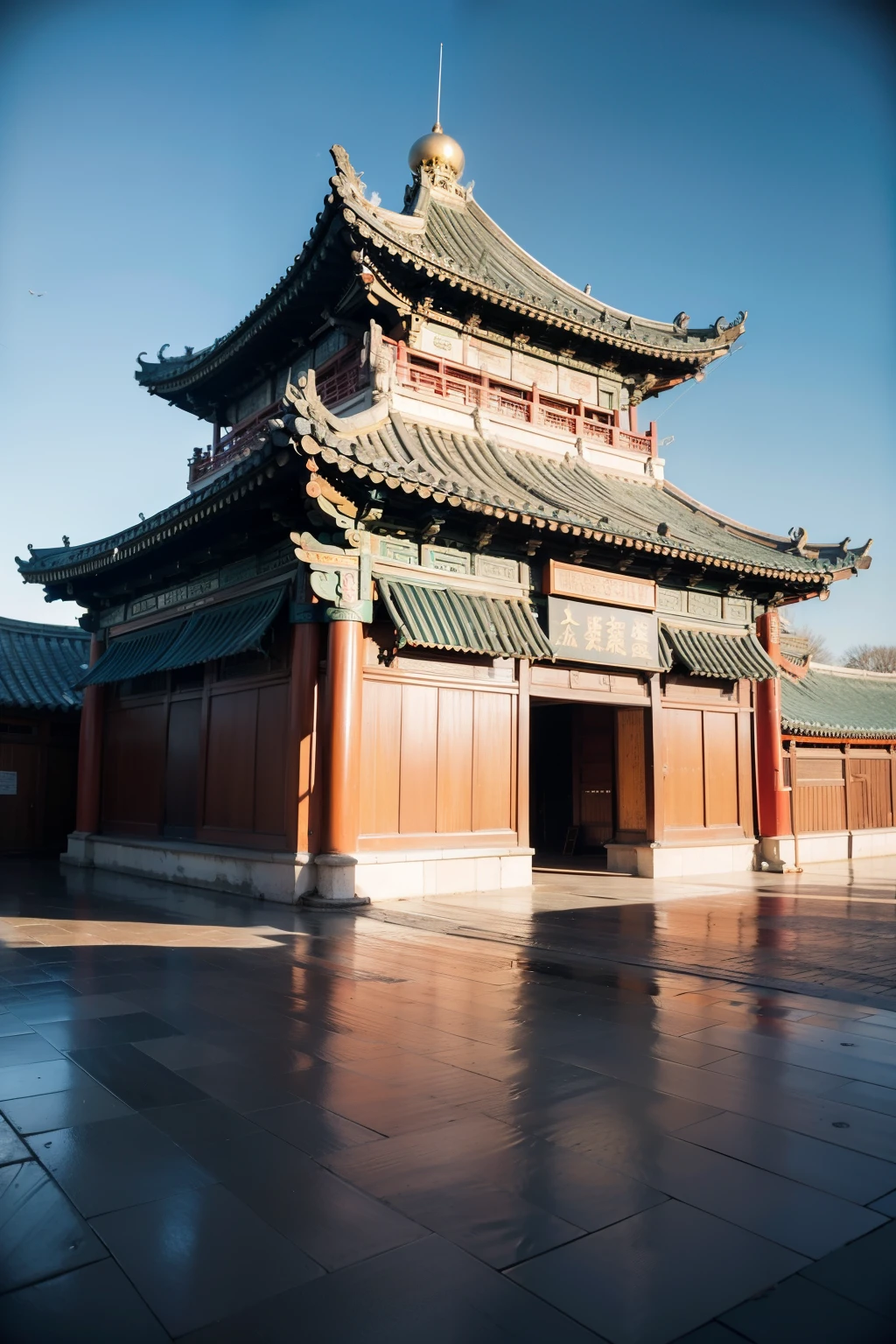 Surrealism, high detail, light, Ray tracing, perspective, Shoot at eye level, Ultra high quality, masterpiece, textured skin, 4k, best quality，Ancient style architecture，Chinese style，Tall and magnificent building，