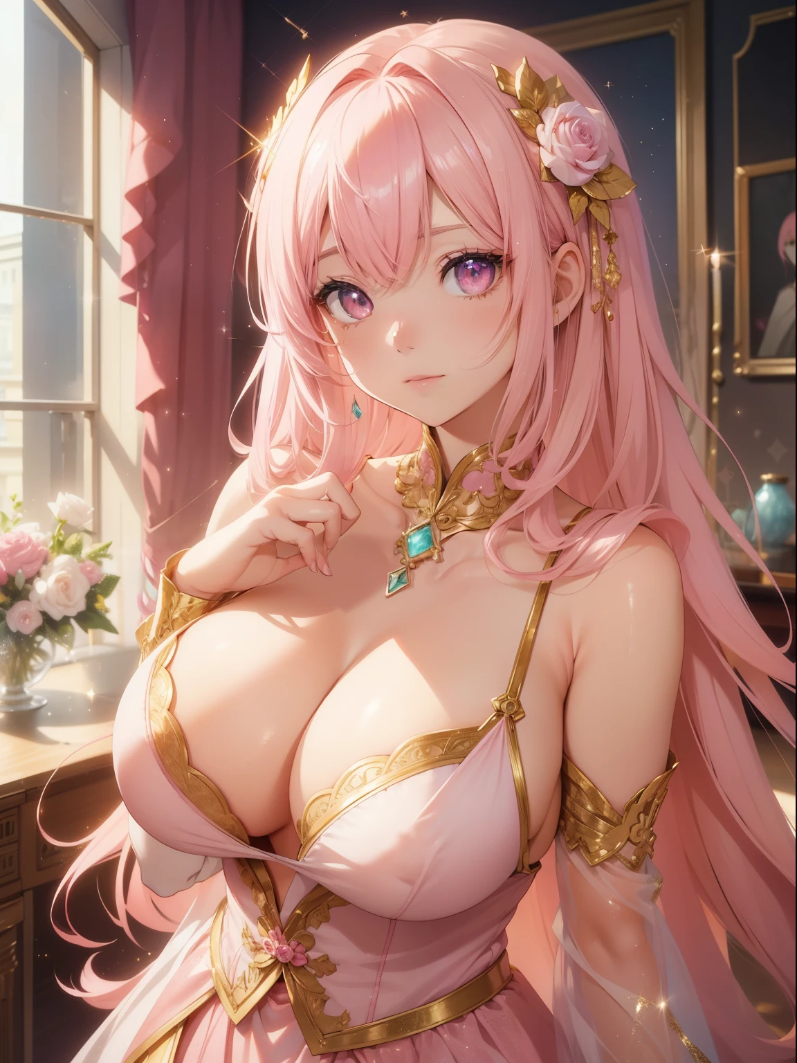 table top, High resolution, 8k, anime woman, delicate and detailed writing 、detailed digital illustration、long hair and shiny、bangs、very beautiful woman、eyes are double, big, Bust is H cup、high resolution, high quality、detailed background、(((Idolの衣装を着て)))、((pink room background))、(whole)、瞳の中がダイヤモンドのようにshineます、light pink hair、gradient pupil、(((2 arms、4 fingers, 1 thumb)))、detailed female face、She is a very beautiful and cute woman、、detailed background、masterpiece、soft focus , bright gradient watercolor , Lens flare , (((Sparkling))) , shine , dream-like , I don&#39;t have anything on hand、Idol、pink ribbon、very beautiful red rose hair accessory、(revealing pink and gold outfit:1.3)、The main costume is white、((big breasts))、Raise the hand、