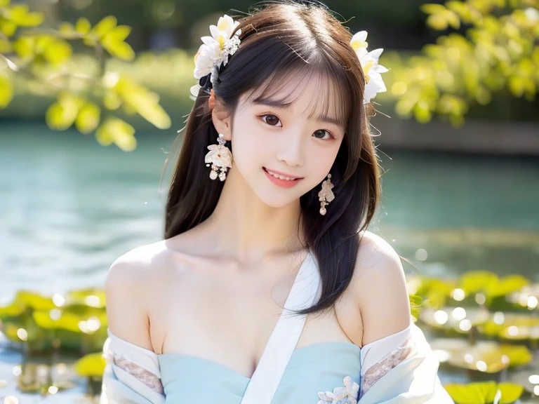 A young and beautiful one,beautiful cute girl,Half-length photo。extremely beautiful and exquisite,black hair,sweet smile,Delicate, beautiful and fair skin,Realistic and realistic,Exquisite and complete facial features,Detailed depiction of face,High nose bridge,smooth hair,extremely fine hair,femininity,Have a well-proportioned figure,real,White teeth,tie up with hair,Surrealism,sandals,Ultimate picture quality,highest precision,Precise and perfect human anatomy。Blue sky and white clouds,Sunlight,(Ballet kimono)(Telephoto shooting,)express scenery,Beside the lotus pond,There are lotus flowers there,highlight portrait。Wear earrings,Side photo