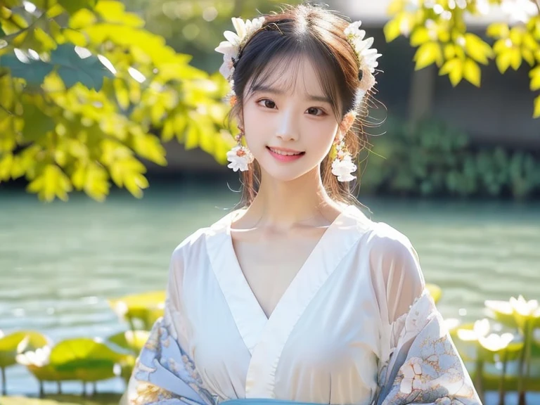 A young and beautiful one,beautiful cute girl,Half-length photo。extremely beautiful and exquisite,black hair,sweet smile,Delicate, beautiful and fair skin,Realistic and realistic,Exquisite and complete facial features,Detailed depiction of face,High nose bridge,smooth hair,extremely fine hair,femininity,Have a well-proportioned figure,real,White teeth,tie up with hair,Surrealism,sandals,Ultimate picture quality,highest precision,Precise and perfect human anatomy。Blue sky and white clouds,Sunlight,(Ballet kimono)(Telephoto shooting,)express scenery,Beside the lotus pond,There are lotus flowers there,highlight portrait。Wear earrings,Side photo