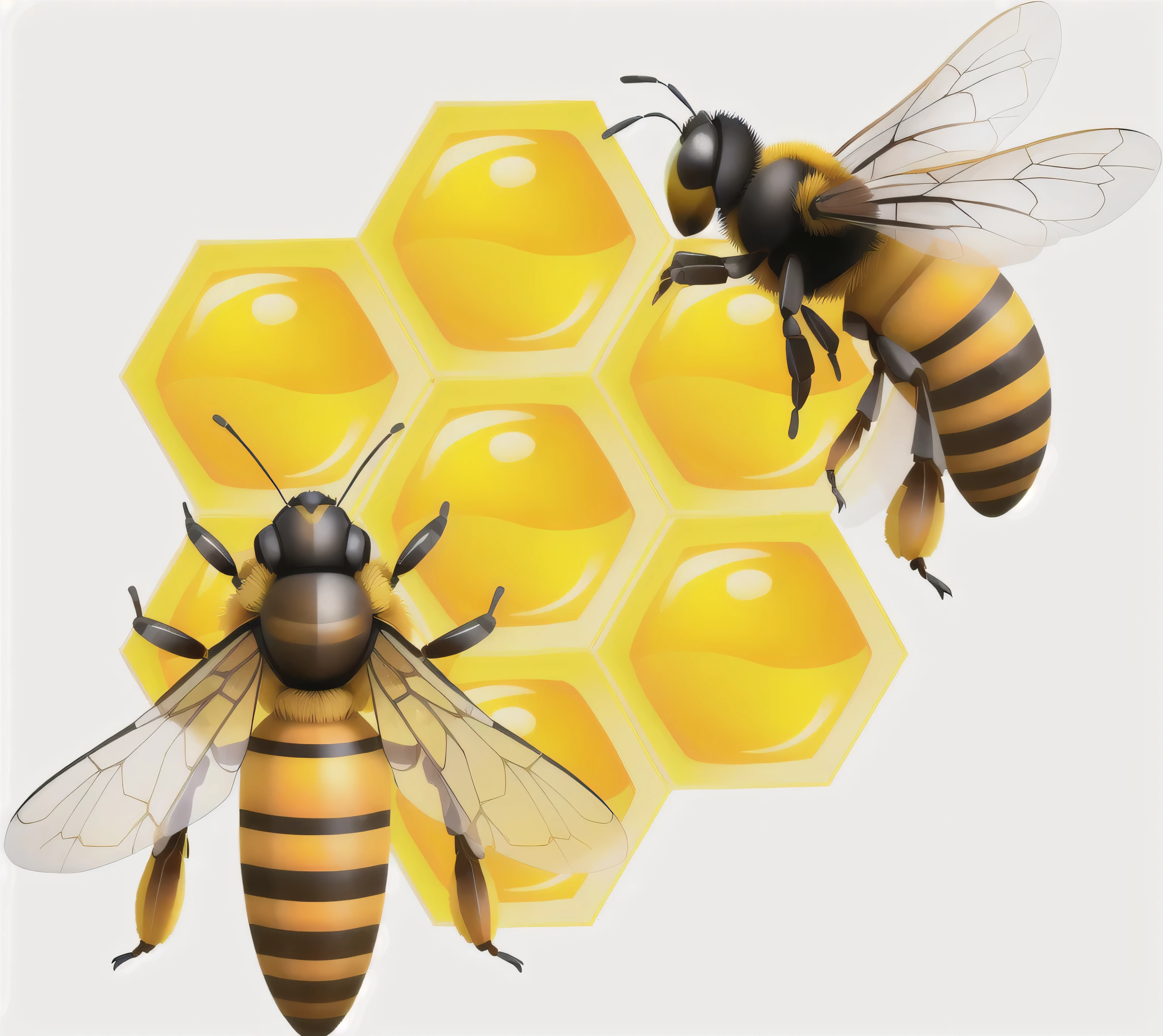 a close up of two bees on a honeycomb with a honey, bees, honey and bee hive, honey, bee, painting big bees flying around, (bee), honeycomb, honeycomb background, made of bees, hive, bees flying, 3 d bee, beehive interior backgrounds, closeup painting of bee, honeycomb structure, big bee, clipart, hives