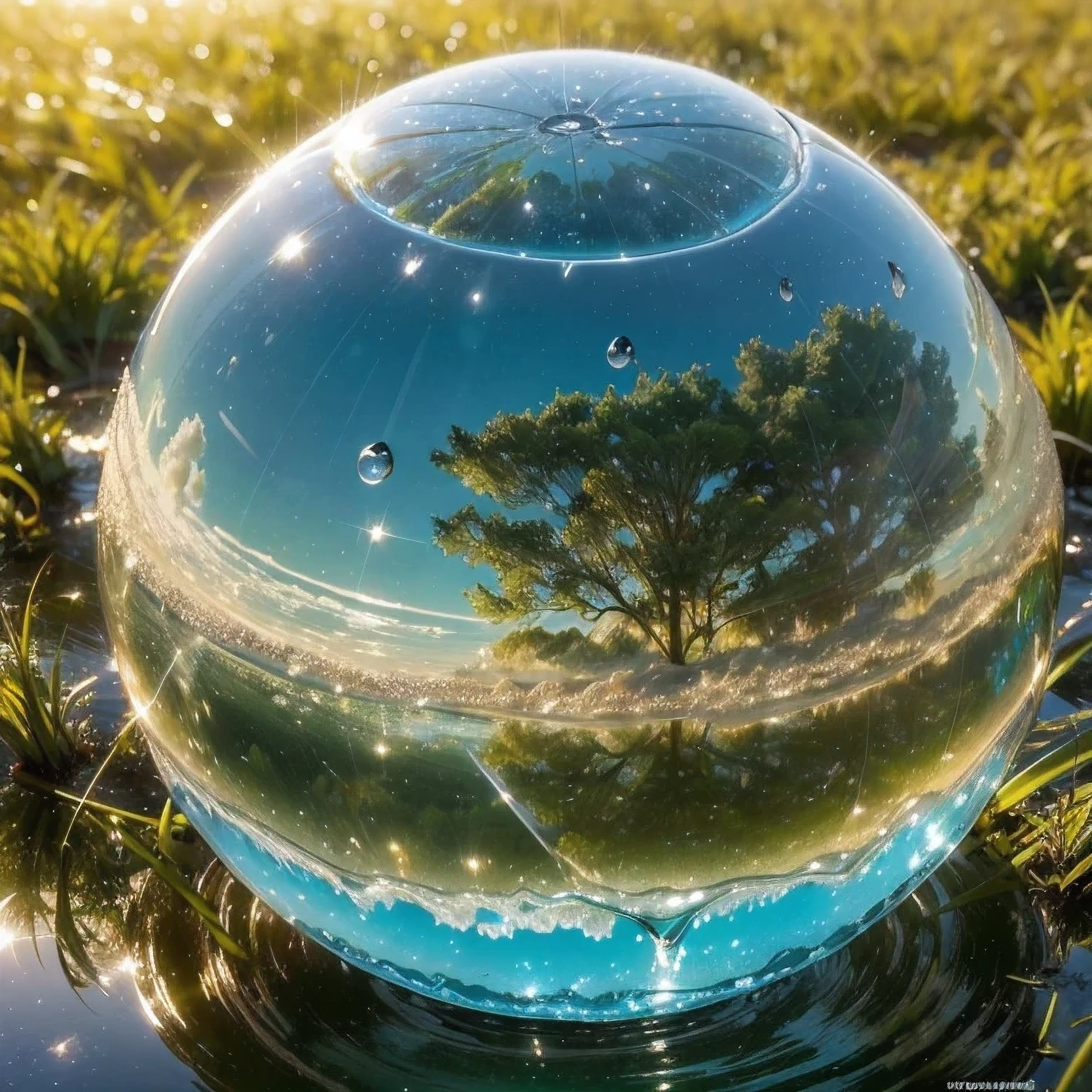 transparent pictures,morning, macro photo, dew falls on the grass, ((earth in a drop of dew)), (( The world is reflected in a single drop)), best moment, beautiful scenery, realism, high quality, 最high quality, very detailed, masterpiece, Super detailed