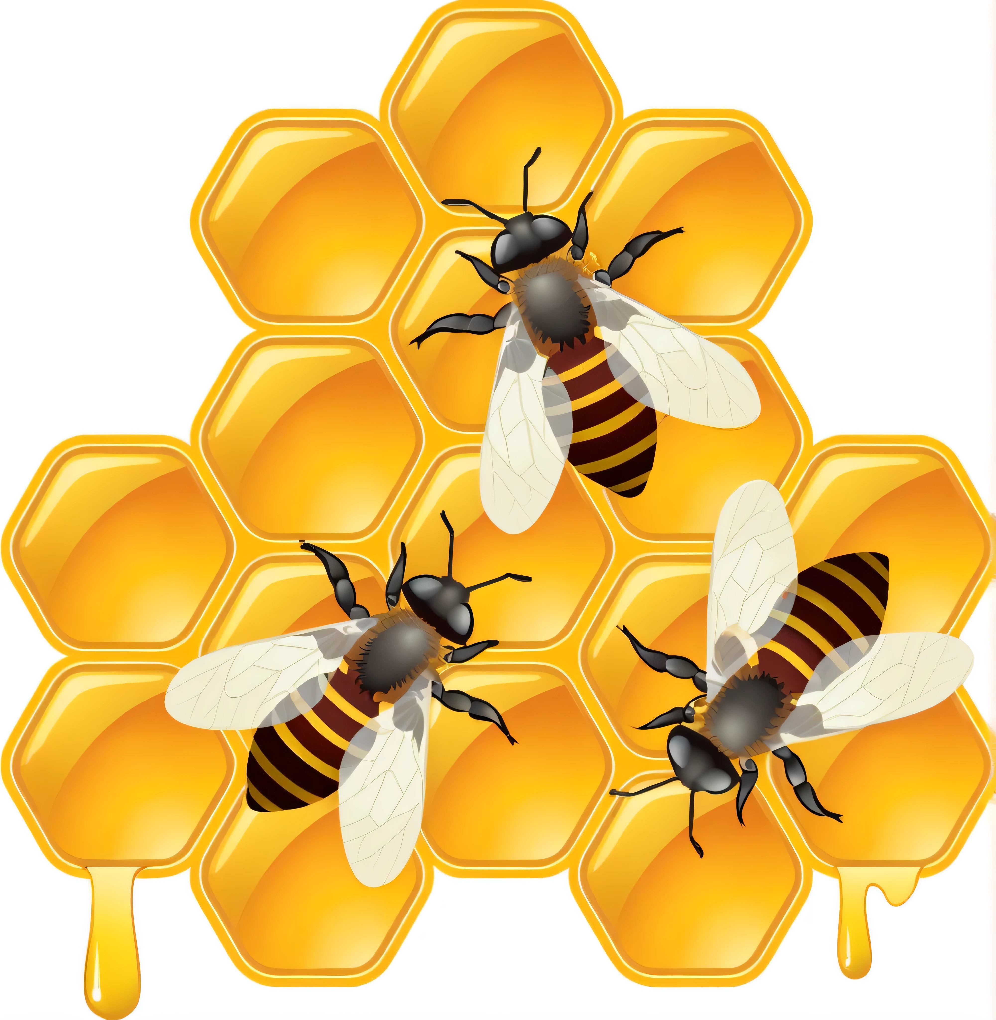 three bees on a honeycomb with honey combs, honey and bee hive, bees, honey, bee, honeycomb background, honeycomb, painting big bees flying around, (bee), made of bees, honeycomb structure, beehive interior backgrounds, hive, bees flying, small bees following the leader, 3 d bee, clipart, hives, dripping honey, closeup painting of bee
