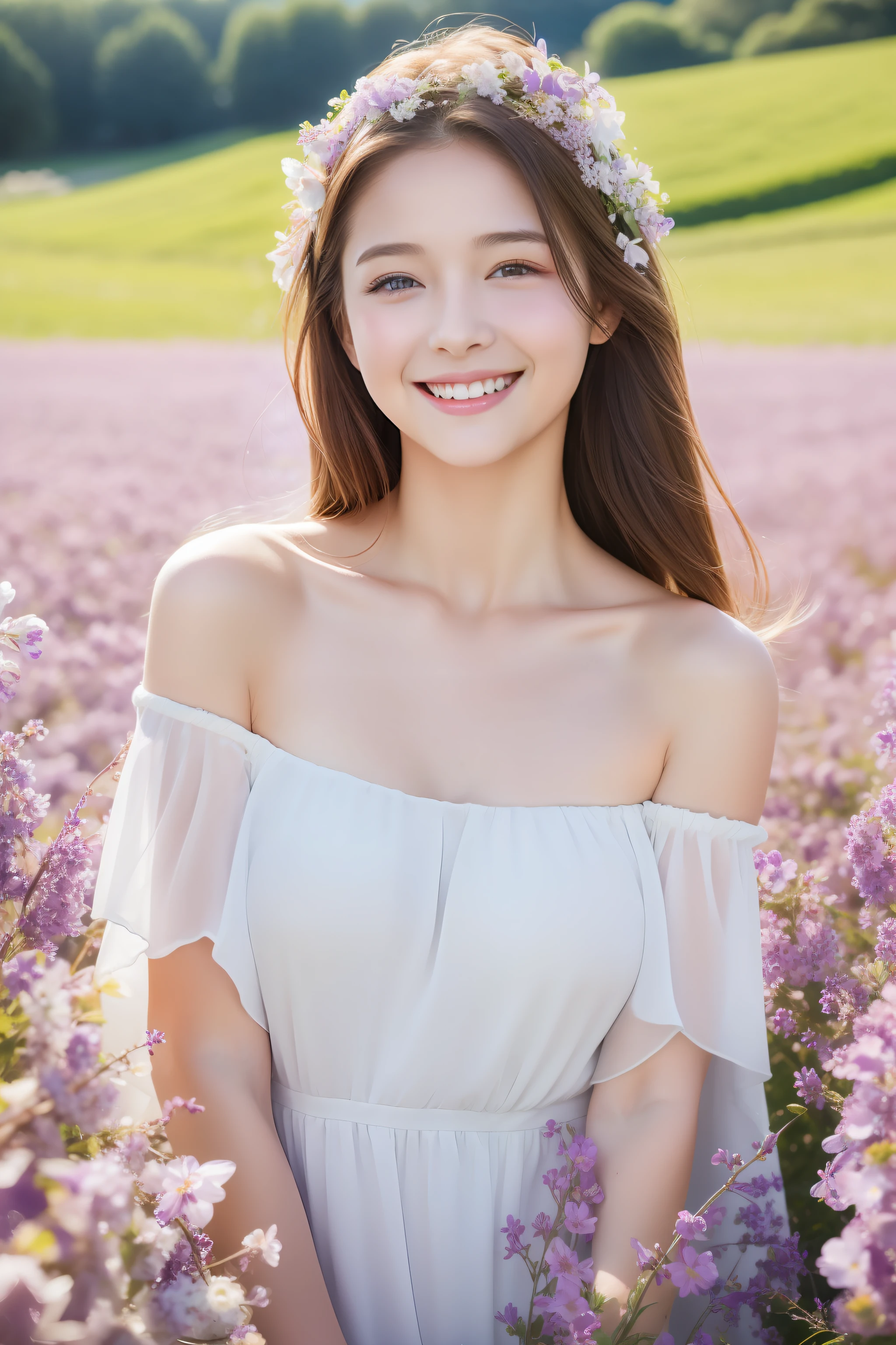 best quality, masterpiece, ultra high resolution, (lifelike:1.4), original photo, 1 girl, white dress, Off the shoulders, Flowering violet flower field, glowing skin, faint smile