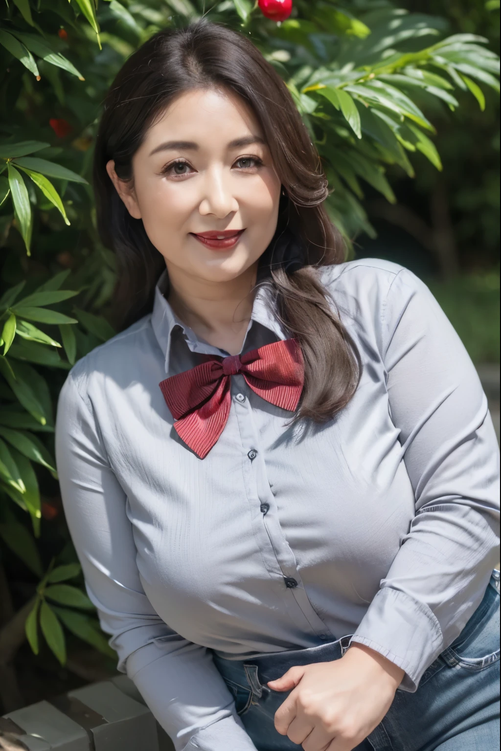 ((top quality、8k、masterpiece:1.3))、sharp focus, High level of image quality, high resolution,,gray shirt,red bow tie,jeans,wavy long hair,garden background,37-year-old female,Mature,charming smile,Draw lips correctly, red lipstick,stand,Chubby body,big breasts,full-body shot