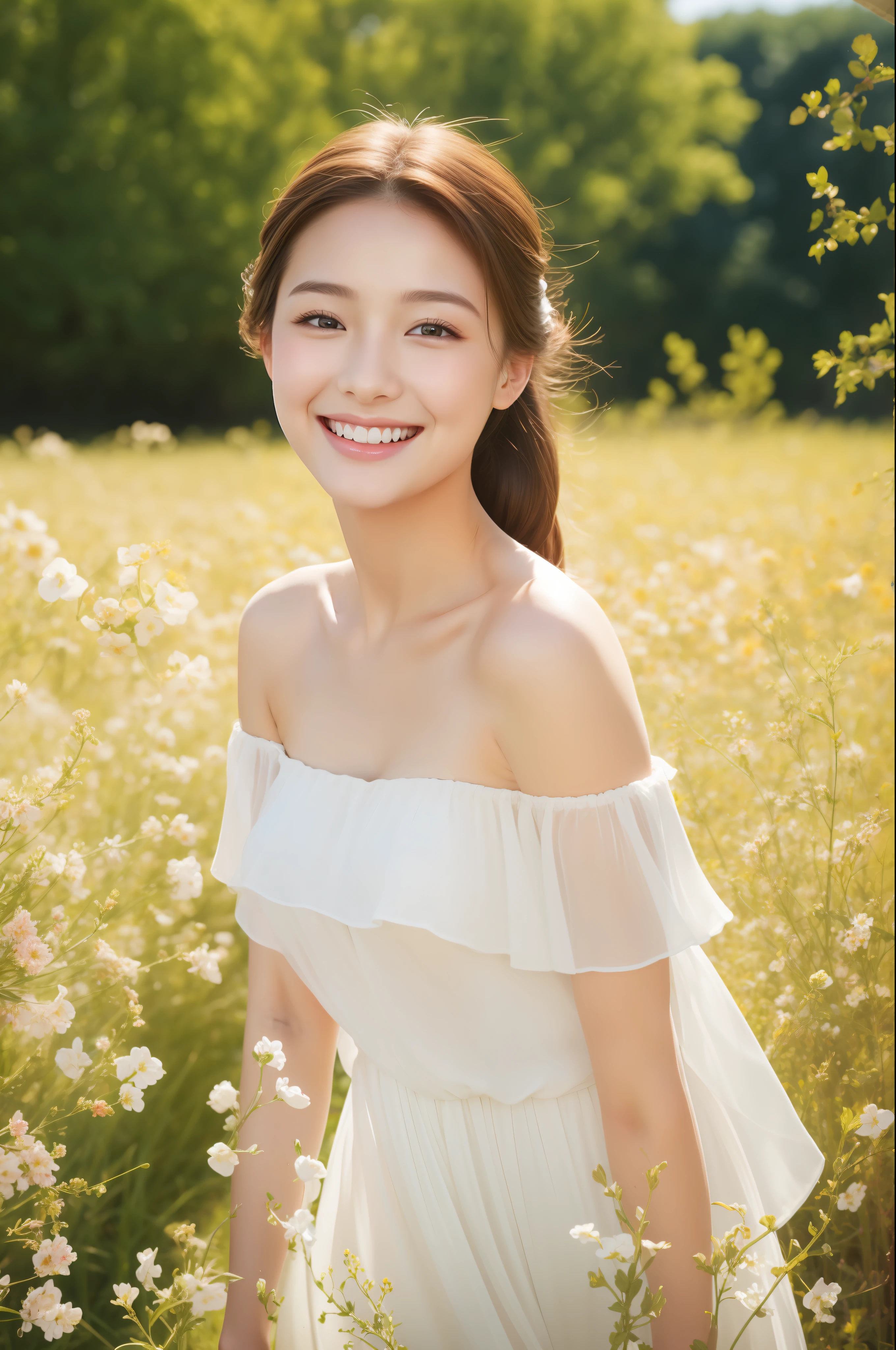 best quality, masterpiece, ultra high resolution, (lifelike:1.4), original photo, 1 girl, white dress, Off the shoulders, flower field, glowing skin, faint smile