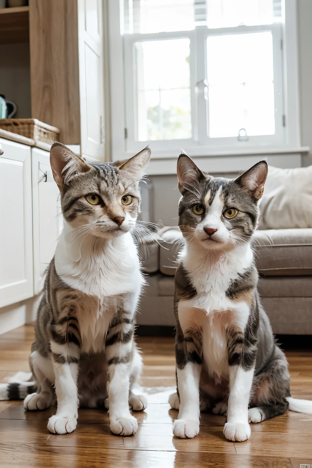 An angry gray tabby cat glares at a lively and cute white fox terrier,Both animals are located indoors,clearly show their contrasting emotions:Cat's displeasure and dog's innocent joy