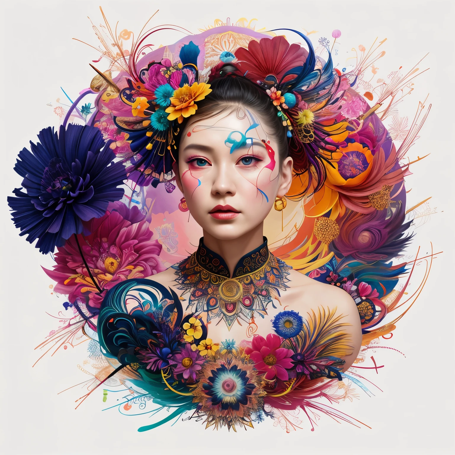 official art, unity 8k wallpaper, ultra detailed, beautiful and aesthetic, masterpiece, best quality, chinese style, (zentangle, mandala, tangle, entangle), ecstasy of flower, 1girl, extremely detailed, dynamic angle, cowboyshot, the most beautiful form of chaos, elegant, a brutalist designed, vivid colours, romanticism, by james jean, roby dwi antono, ross tran, francis bacon, michal mraz, adrian ghenie, petra cortright, gerhard richter, takato yamamoto, ashley wood, atmospheric