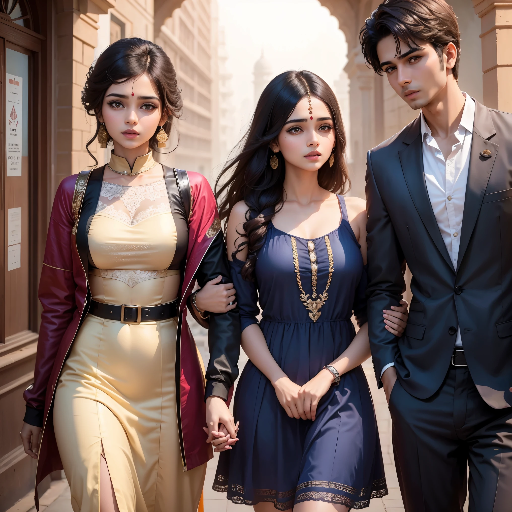 New Delhi location and college young girl and boy two girl and one boy Bollywood style couple photos