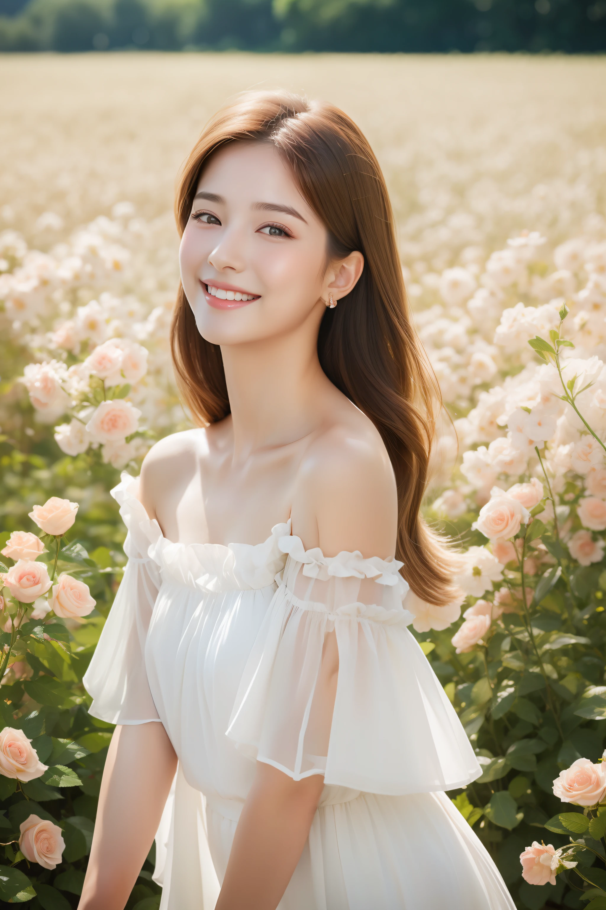 best quality, masterpiece, ultra high resolution, (lifelike:1.4), original photo, 1 girl, white dress, Off the shoulders, Flowering rose field, glowing skin, faint smile