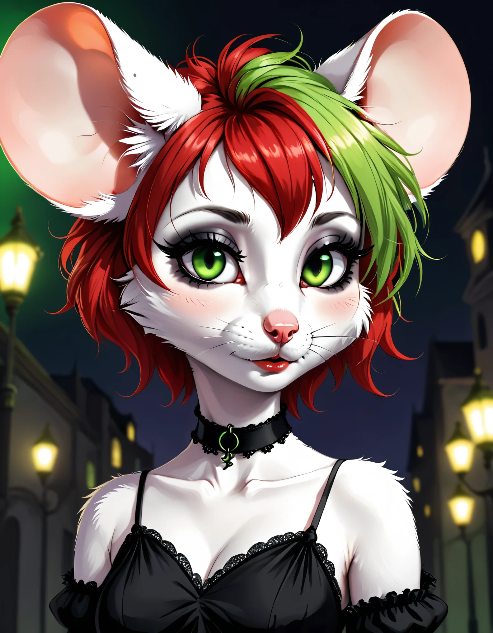 solo, (high resolution, masterpiece, detailed), furry, female, (petite), light fur, light ears, red hair, black eyebrows, green eyes, mouse girl, small breasts, mouse tail, curly hair,
black eyeshadow, black lipstick, goth,
casual wear,