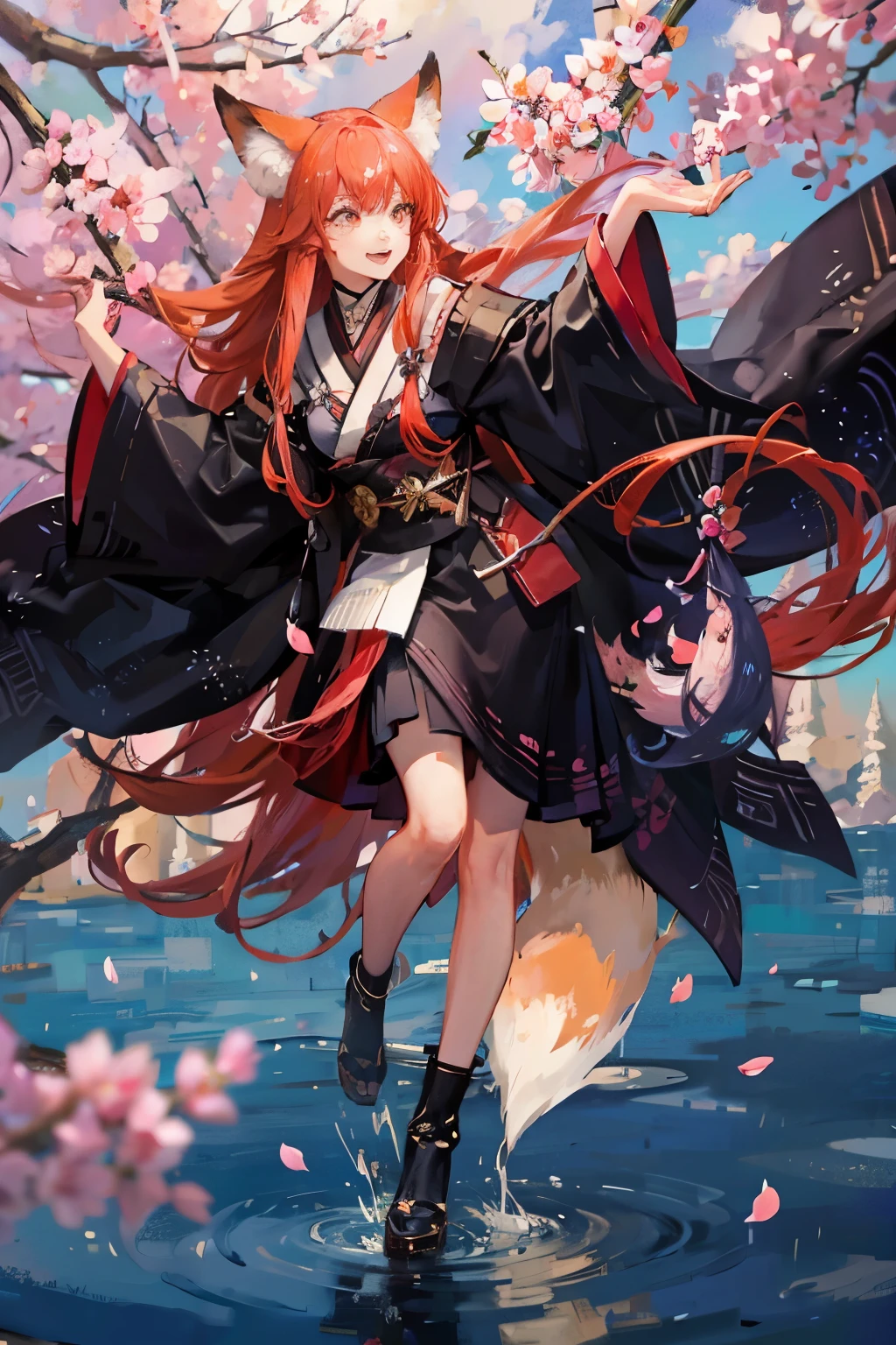 long red hair，fox ears，golden eyes，fox ears，Have bangs，kimono，fox tail，nine-tailed fox，fox demon，Cherry blossoms，japanese clothing