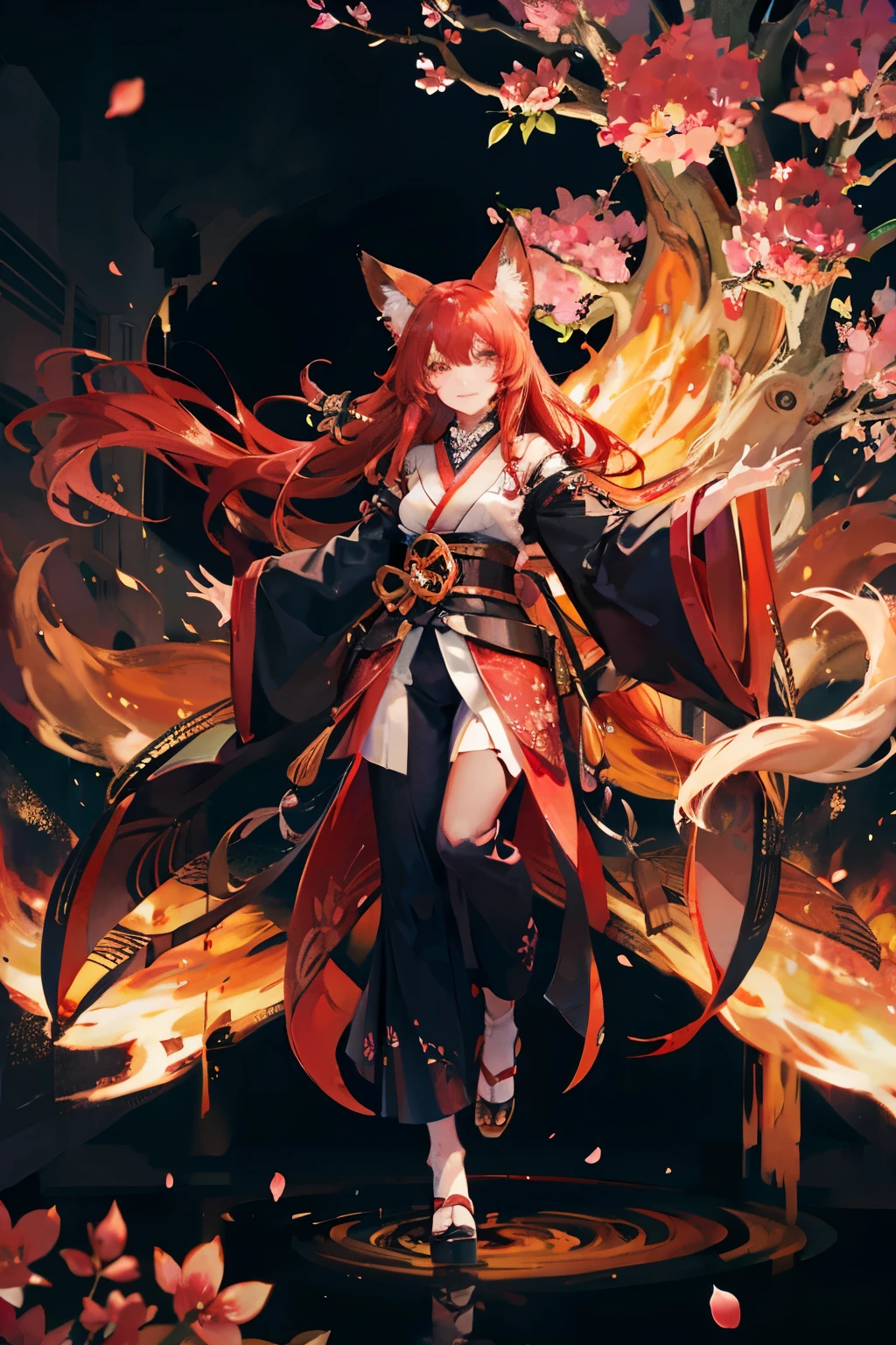 long red hair，fox ears，golden eyes，fox ears，Have bangs，kimono，fox tail，nine-tailed fox，fox demon，Cherry blossoms，japanese clothing