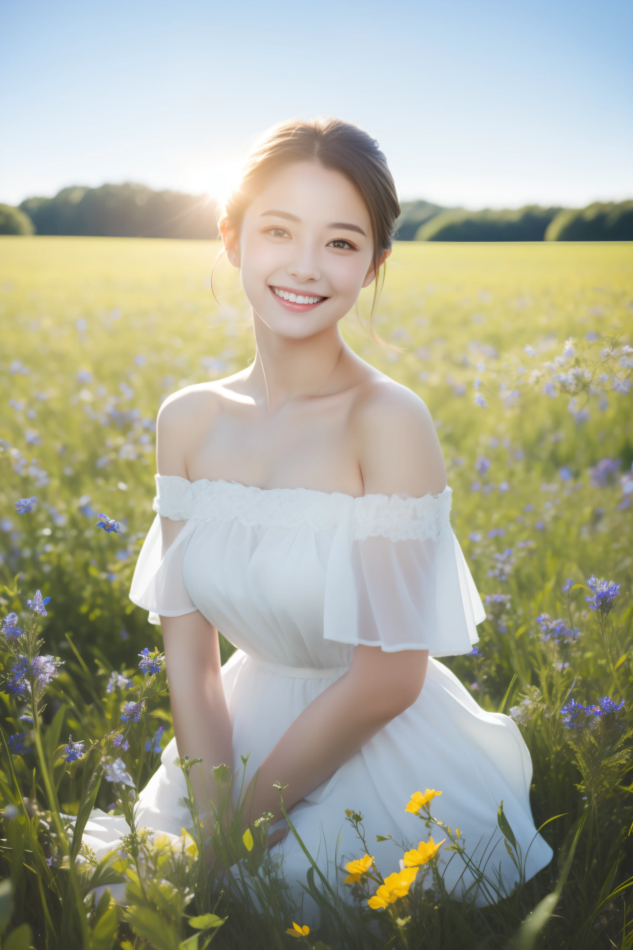 best quality, masterpiece, ultra high resolution, (lifelike:1.4), original photo, 1 girl, white dress, Off the shoulders, blue flower field, glowing skin, faint smile