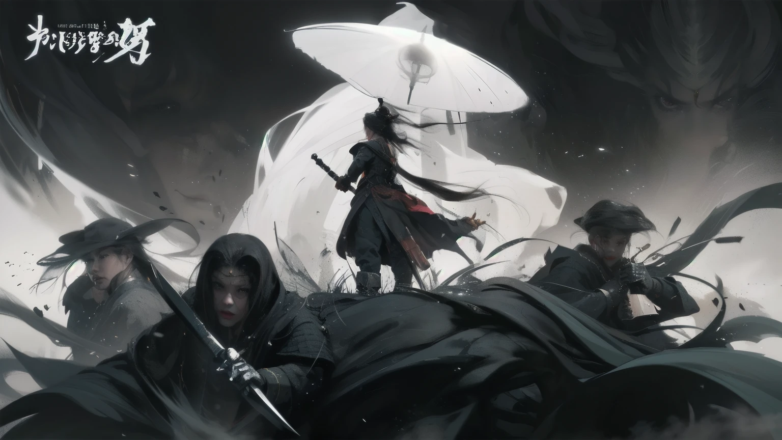 a close up of a person holding a sword in a field, author：Yang Jie, Sun Kehong, dark high-contrast concept art, by Feng Zhu, More, by Wuzhun Shifan, feng zhu concept art, Onmyoji Detailed Art, concept art | feng zhu, inspired by Fenghua Zhong, author：Victor Wang