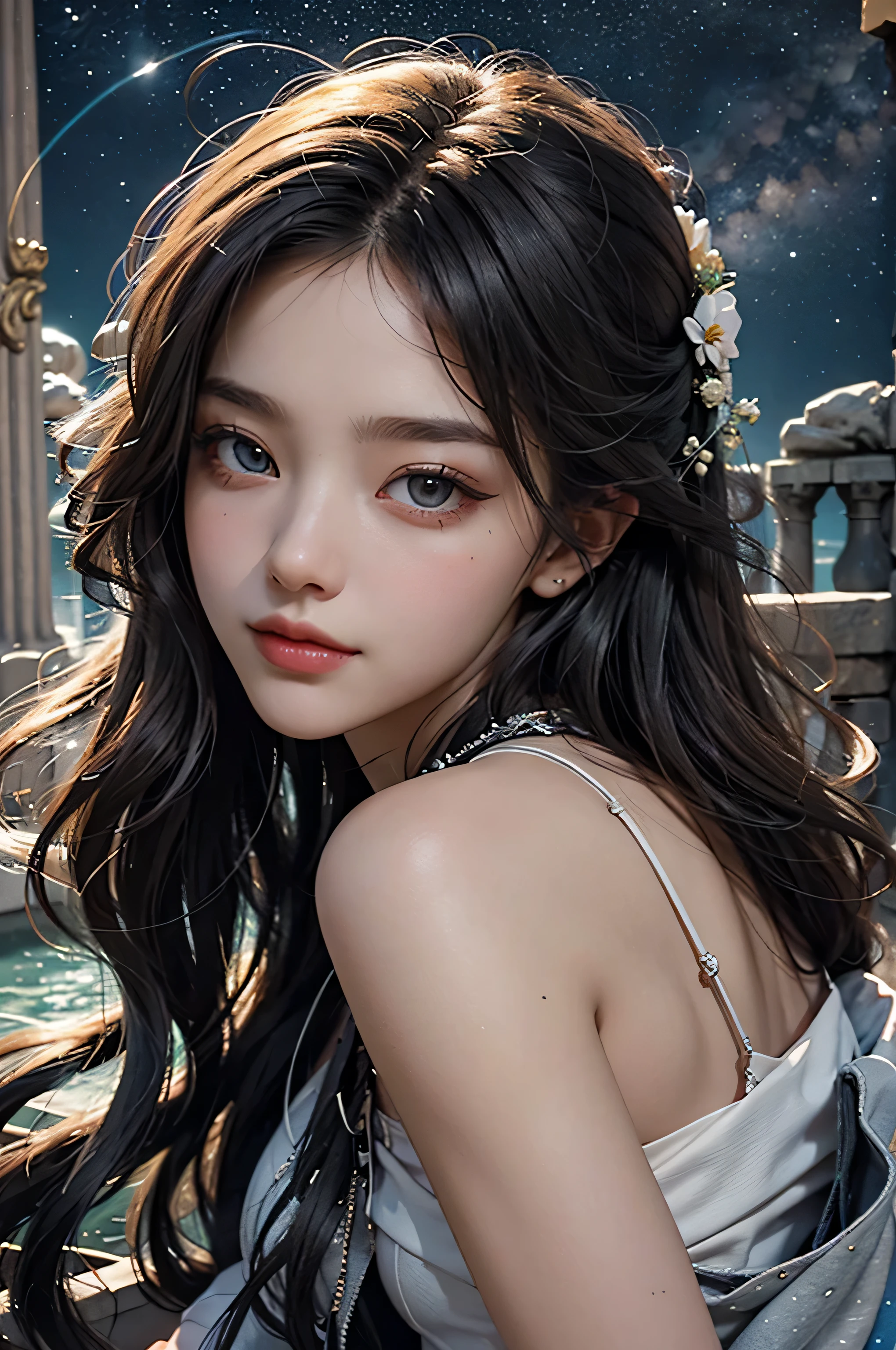cosmic fantasy, Standing in a Greek temple with the Milky Way galaxy in the background, wonderful、 surreal,Mysterious, Super detailed, high quality, Detailed face of masterpiece, beautiful eyes(eye details) ,Greek Mythology, Goddess Aphrodite, vision of fantastic beauty, Emitting a seductive aura、Captivate everyone who sees it, Out-of-this-world elegance、It had a charm that shook even the hardiest of hearts.., more beautiful than anything in the universe, more beautiful than anyone else, Hair flows like a bundle of spun silk, flowing down like a waterfall、shining golden waves. The eyes are deep and seductive, Emits a divine light that reflects the depth of passion and the mystery of love.。, lips are delicately curved, smile knowingly, The skin is perfect, Smooth as the petals of the finest roses, her body turns into smoke, delicate face with perfect details, Soft features, cosmic fantasyアート,HDR+, Bokeh effect,