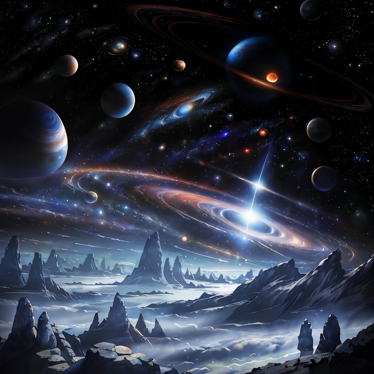 Creation of the Universe: A breathtaking masterpiece, best quality, highly detailed CG Unity 8k wallpaper, showcasing the intricate scenery of the cosmos. This dramatic artwork transports us to the beginnings of time, with swirling nebulae, star clusters, and a vast, cloudy sky. Imagine the ethereal beauty of the universe's formation around you – no humans, just breathtaking nature, with planets, galaxies, and celestial bodies in their meticulous alignment. This award-winning digital painting is trending on ArtStation and CG Society, displaying an incredibly detailed and dramatic representation of the universe's creation. Marvel at the